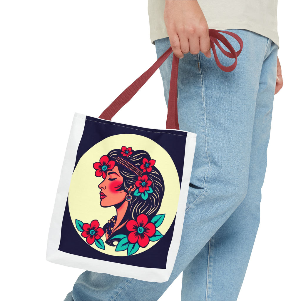 Floral Boho Woman Tote Bag — Retro Floral Portrait All-Over Print Tote