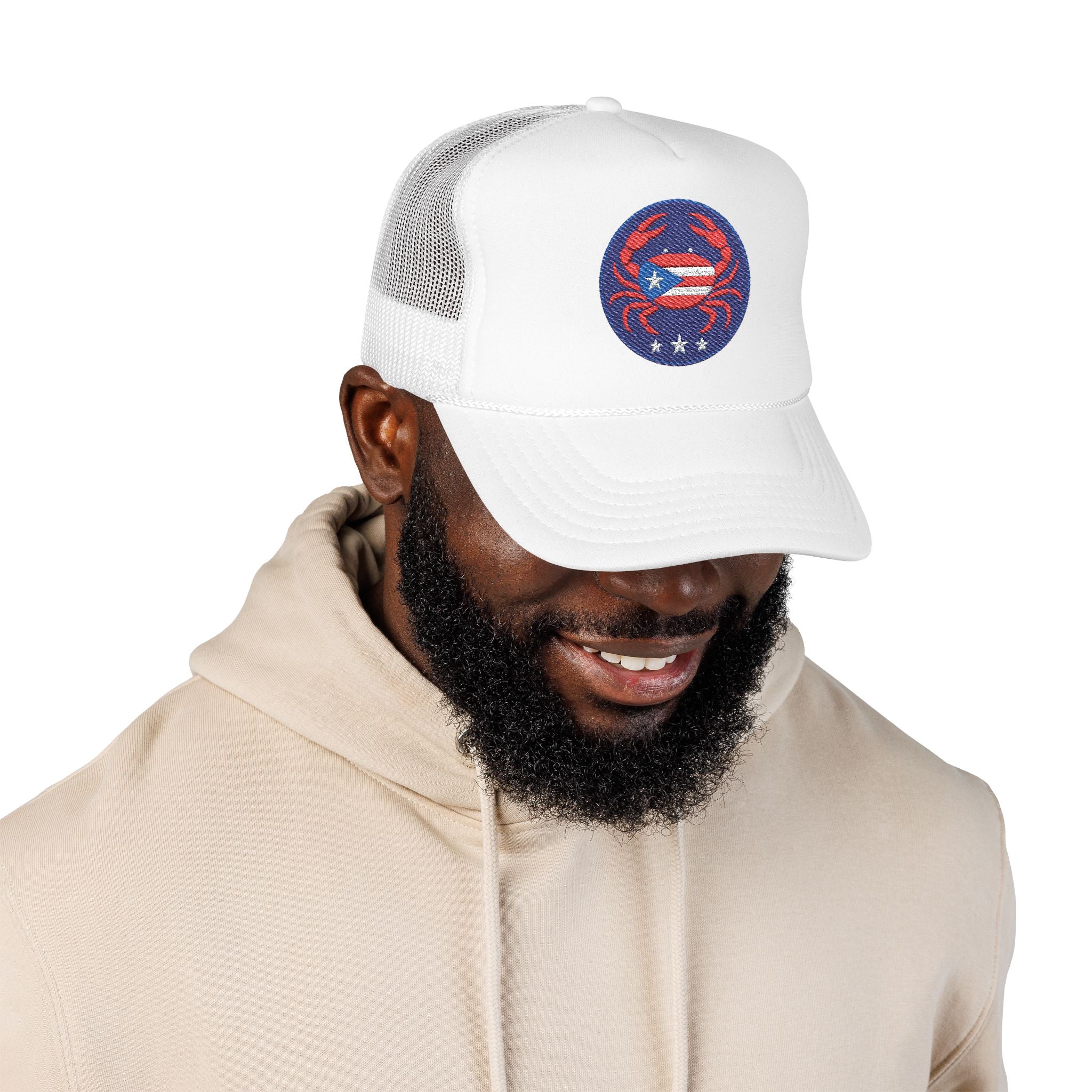 Embroidered Puerto Rico / Crab Trucker Hat — Coastal Mesh Foam Cap