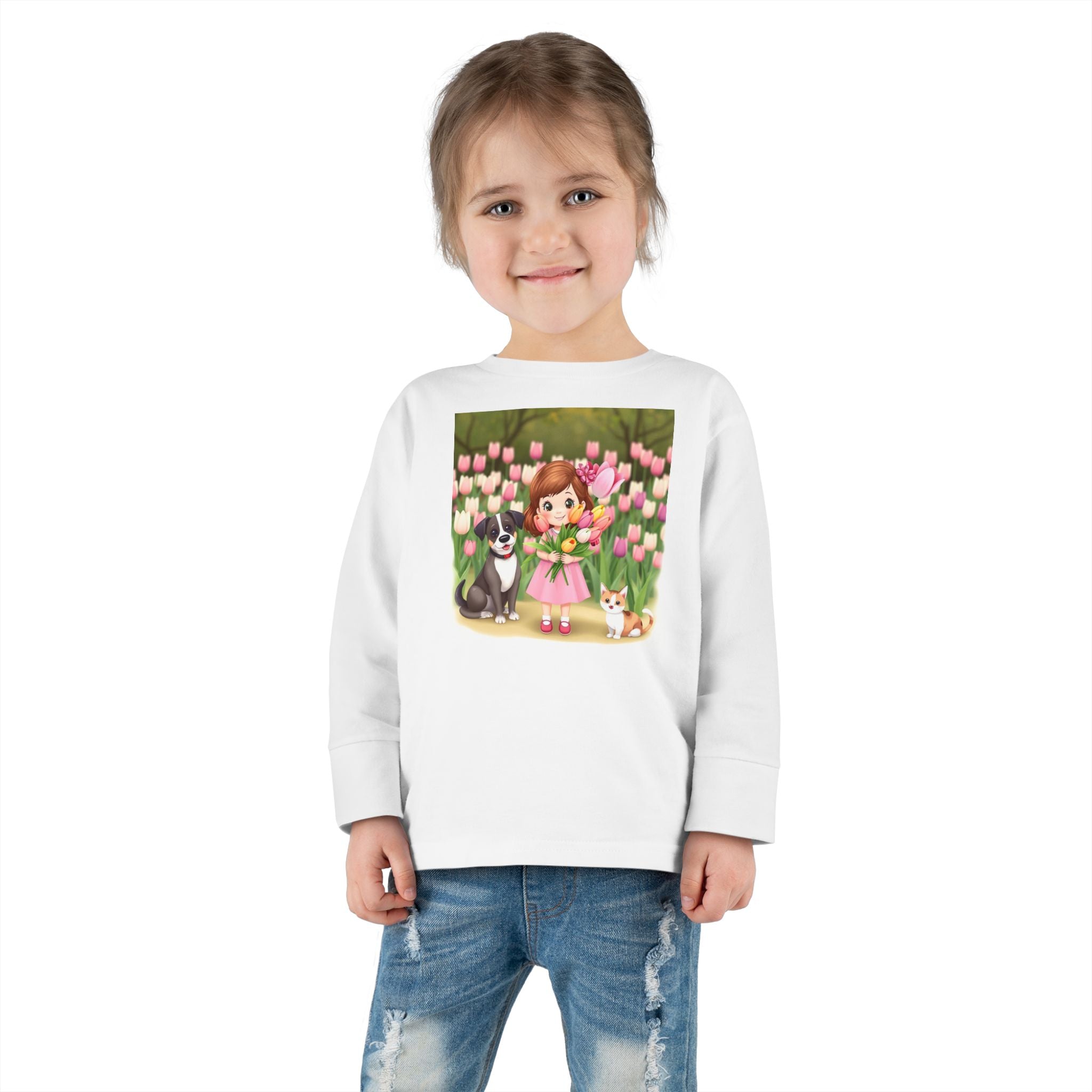 Toddler Long Sleeve Tee — Spring Cat and Dog T- Shirt