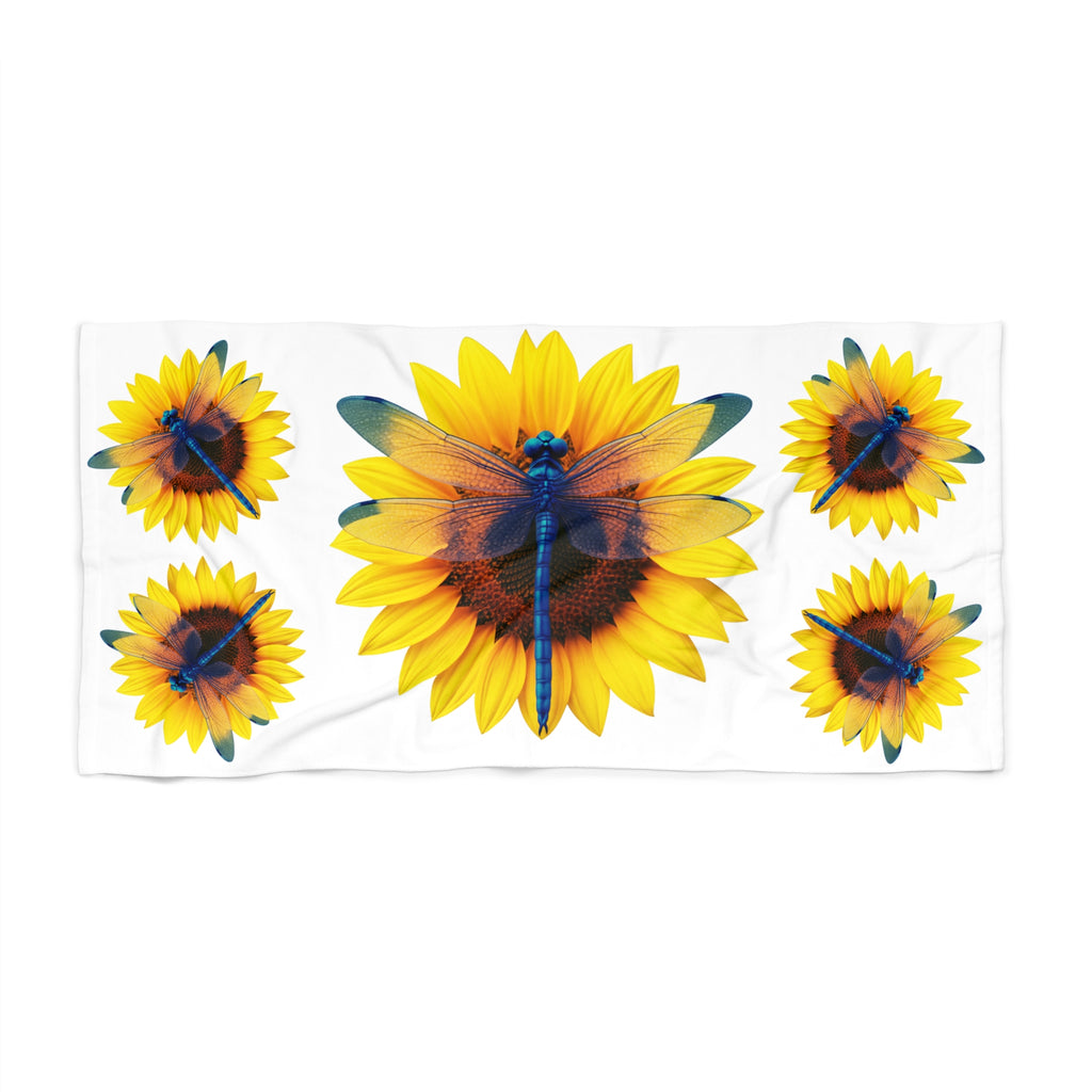 Sunflower & Dragonfly Beach Towel — Bright Tropical Summer Pool Towel