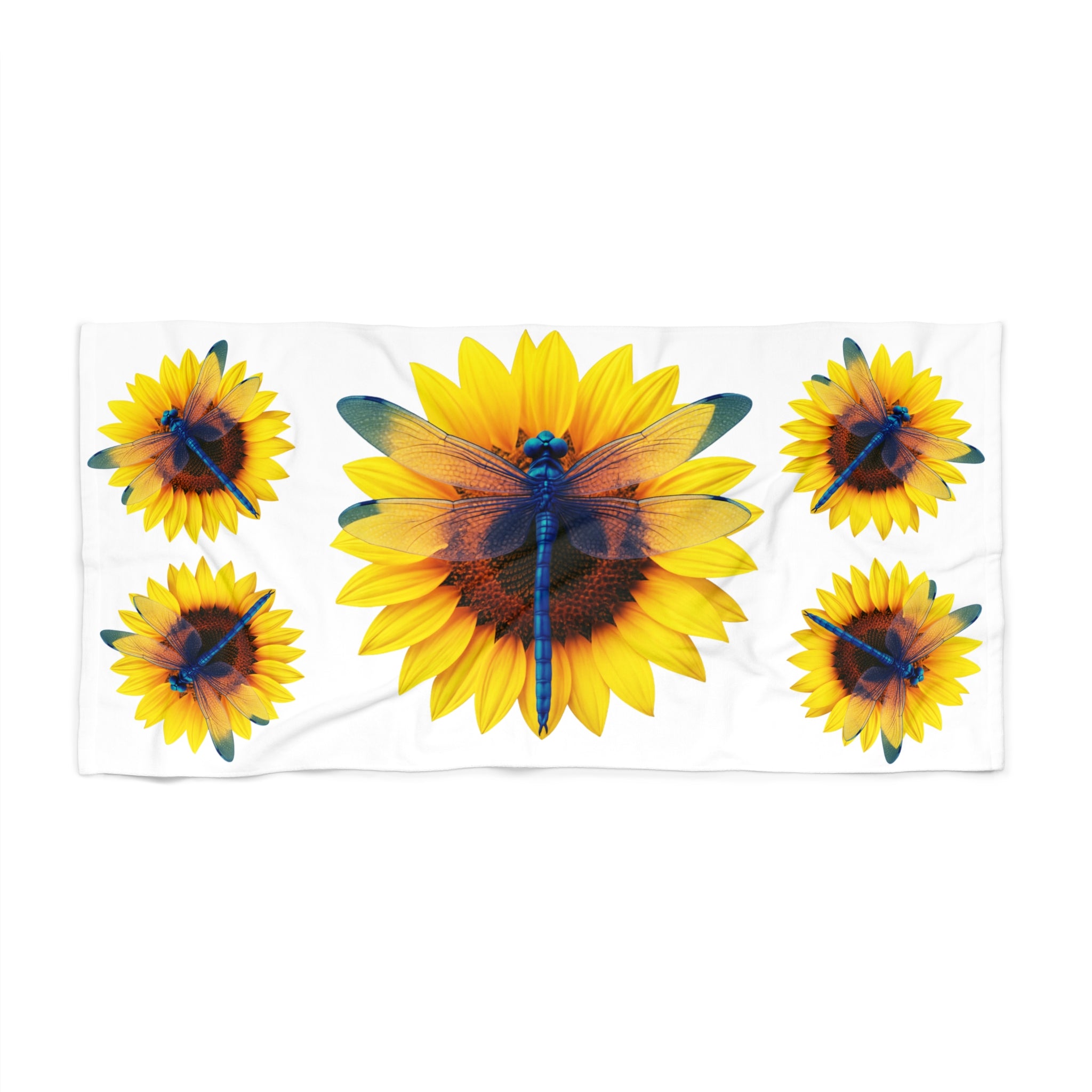 Sunflower & Dragonfly Beach Towel — Bright Tropical Summer Pool Towel