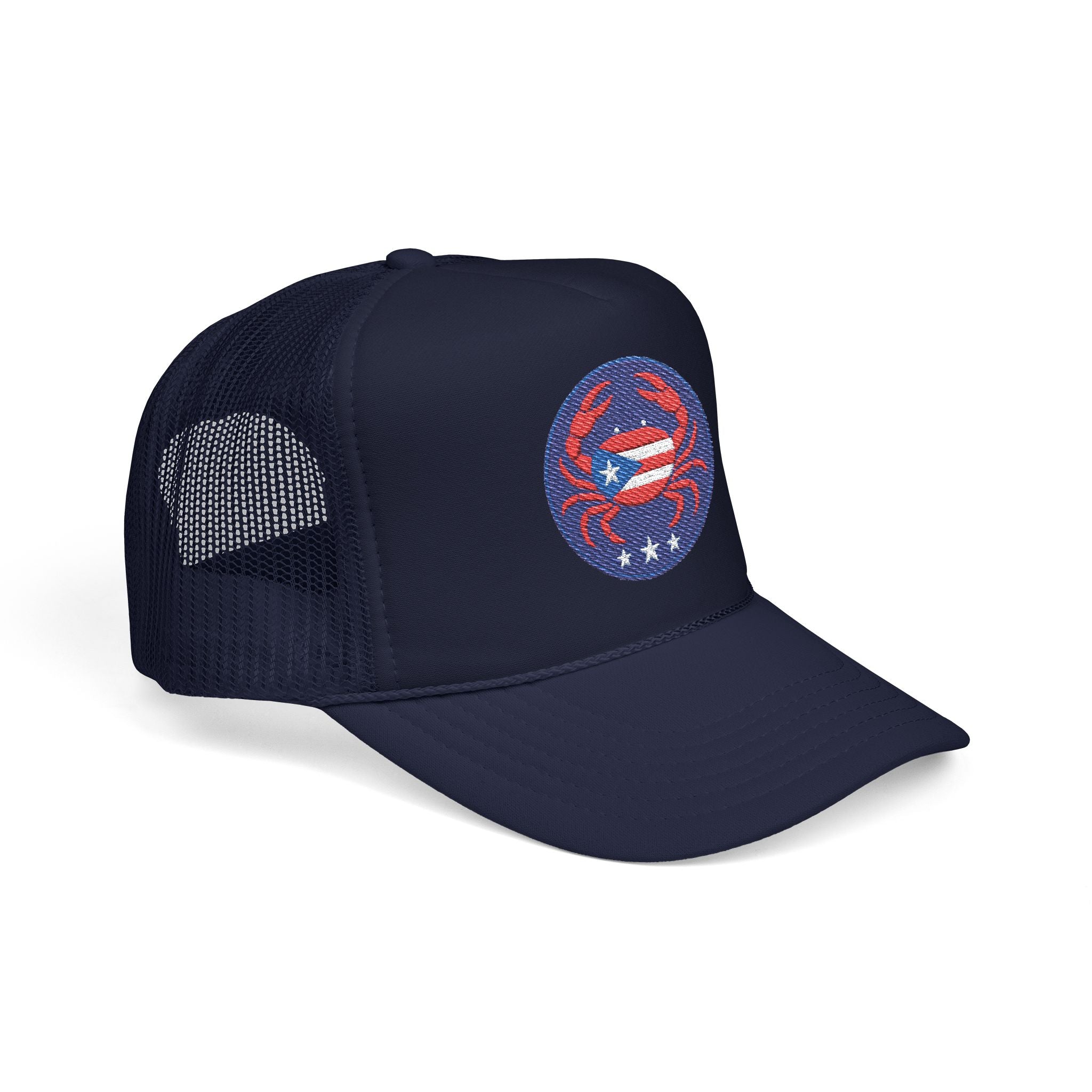 Embroidered Puerto Rico / Crab Trucker Hat — Coastal Mesh Foam Cap