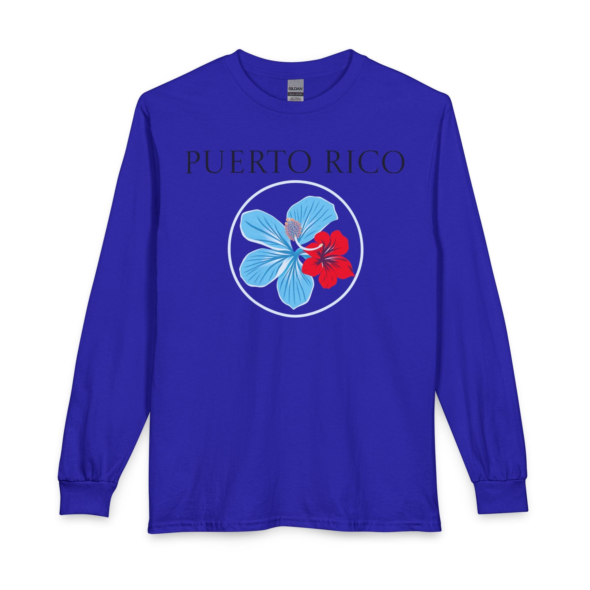 Red, White and "Azure" Blue Hibiscus Long Sleeve T-Shirt | Puerto Rico Love