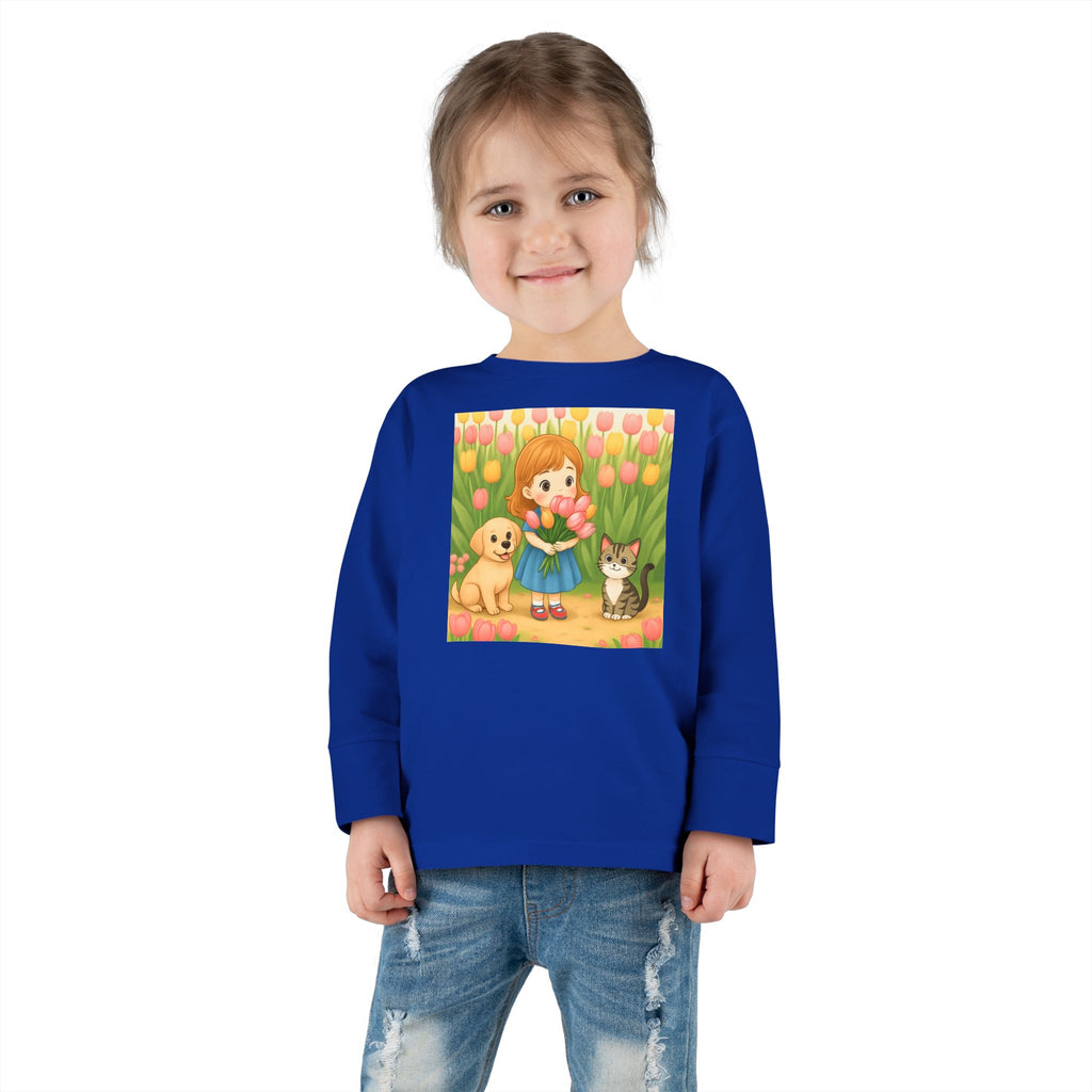 Toddler Long Sleeve Tee — Spring Cat and Dog Graphic