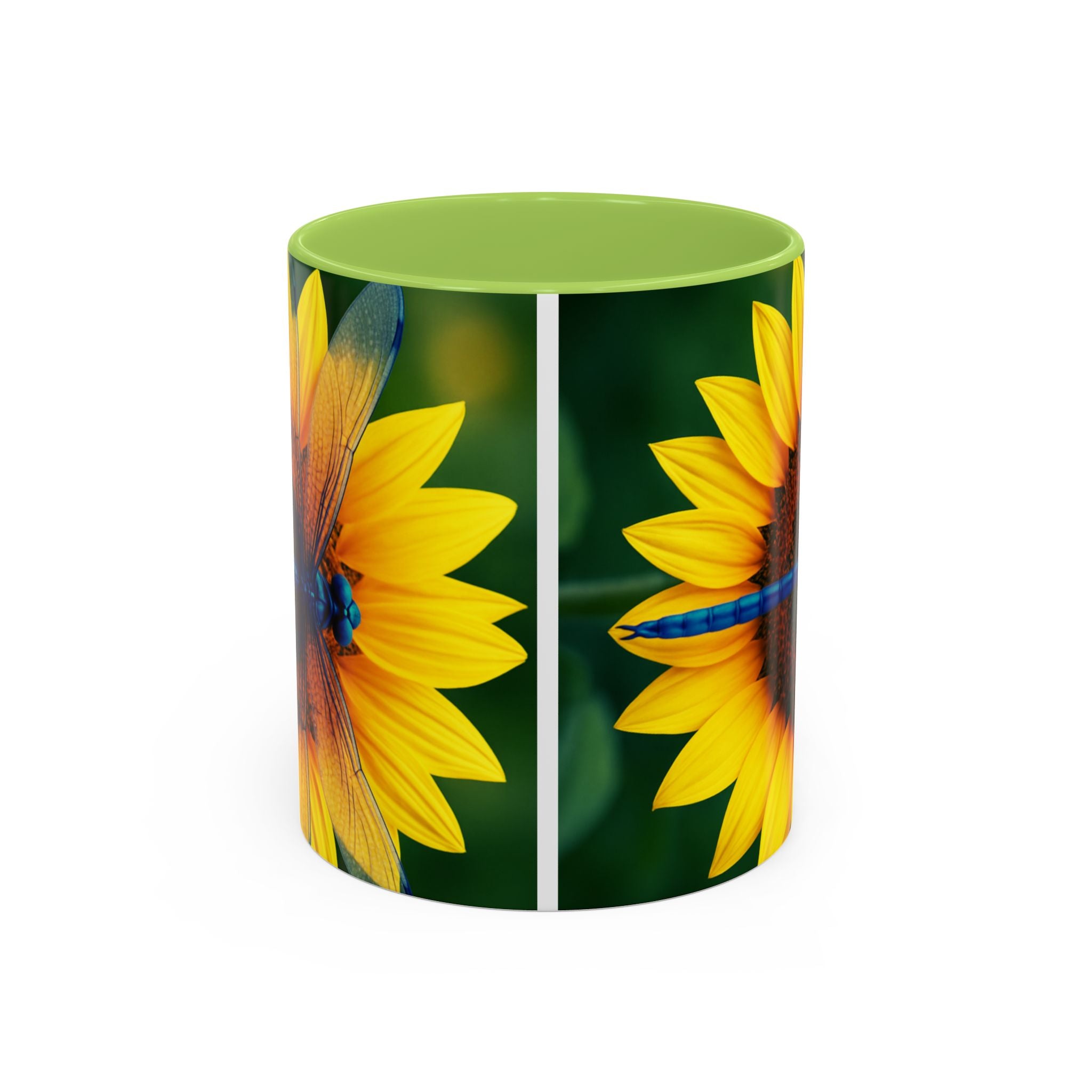 Sunflower & Dragonfly Accent Coffee Mug — Bright Floral Tea Cup (11/15oz)