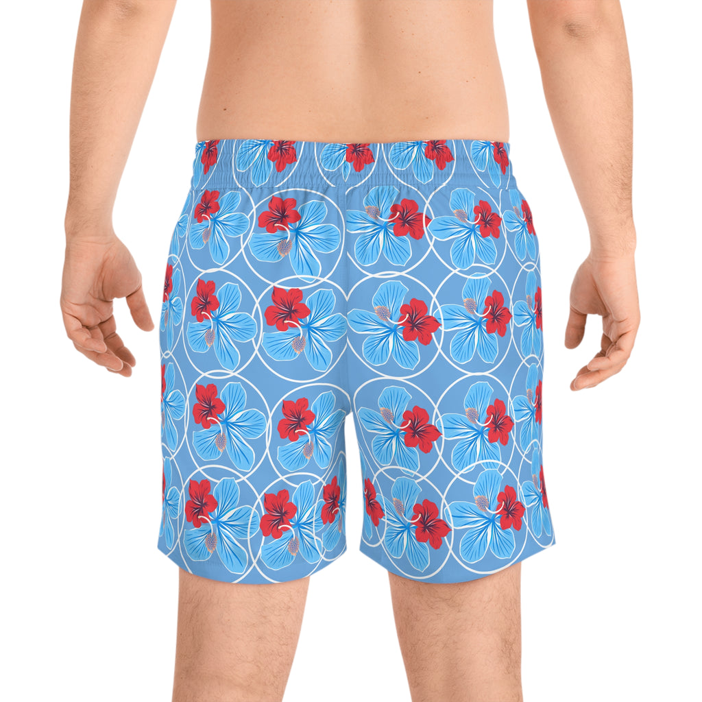 Men's Floral Swim Shorts — Red & Blue Flower Print Mid-Length Trunks