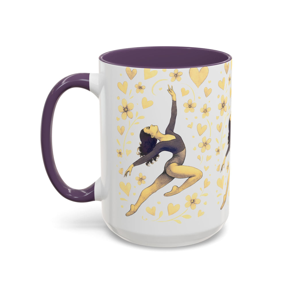 Ballet Dancer Accent Mug – Gold Hearts & Flowers Ceramic Coffee Cup (11/15oz)