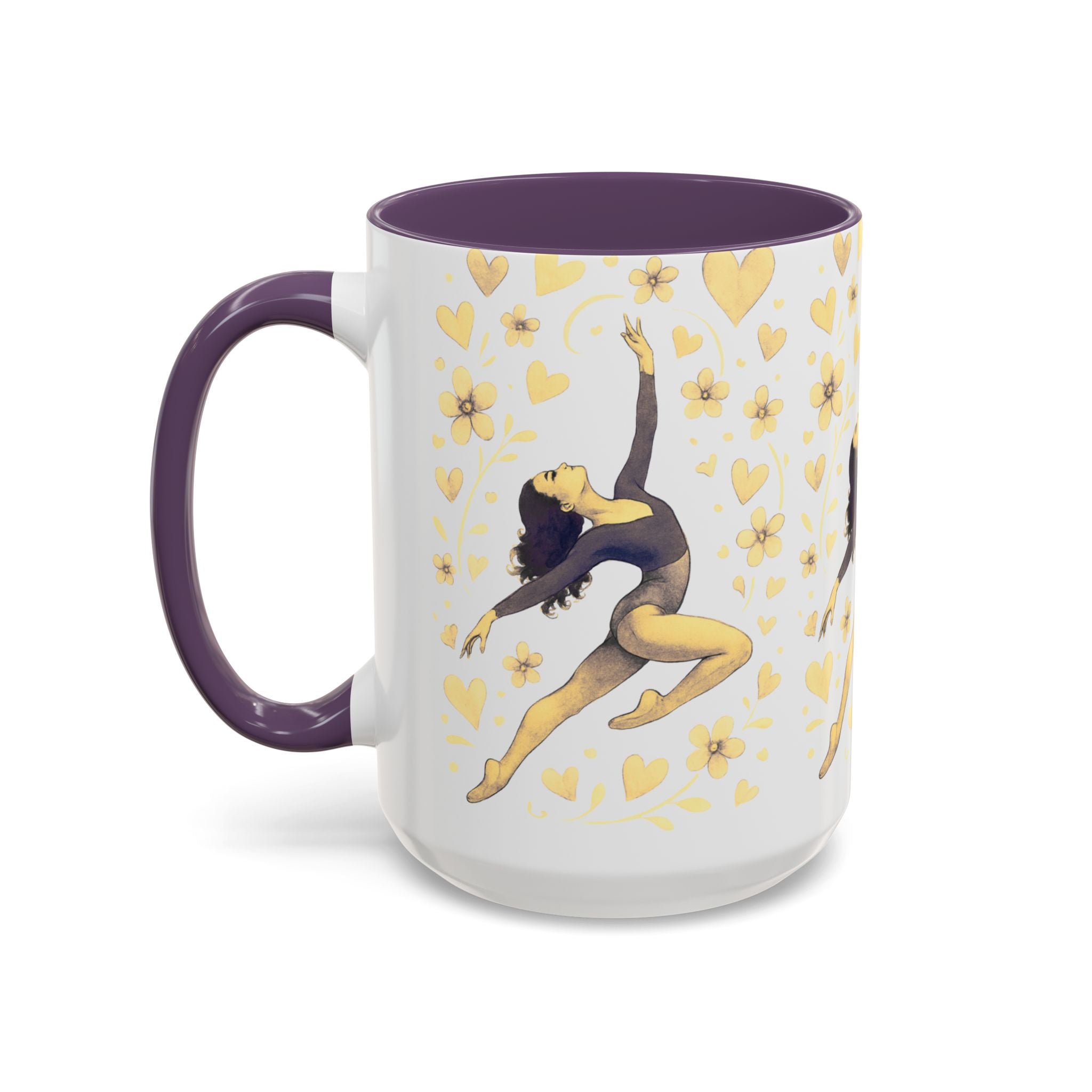 Ballet Dancer Accent Mug – Gold Hearts & Flowers Ceramic Coffee Cup (11/15oz)