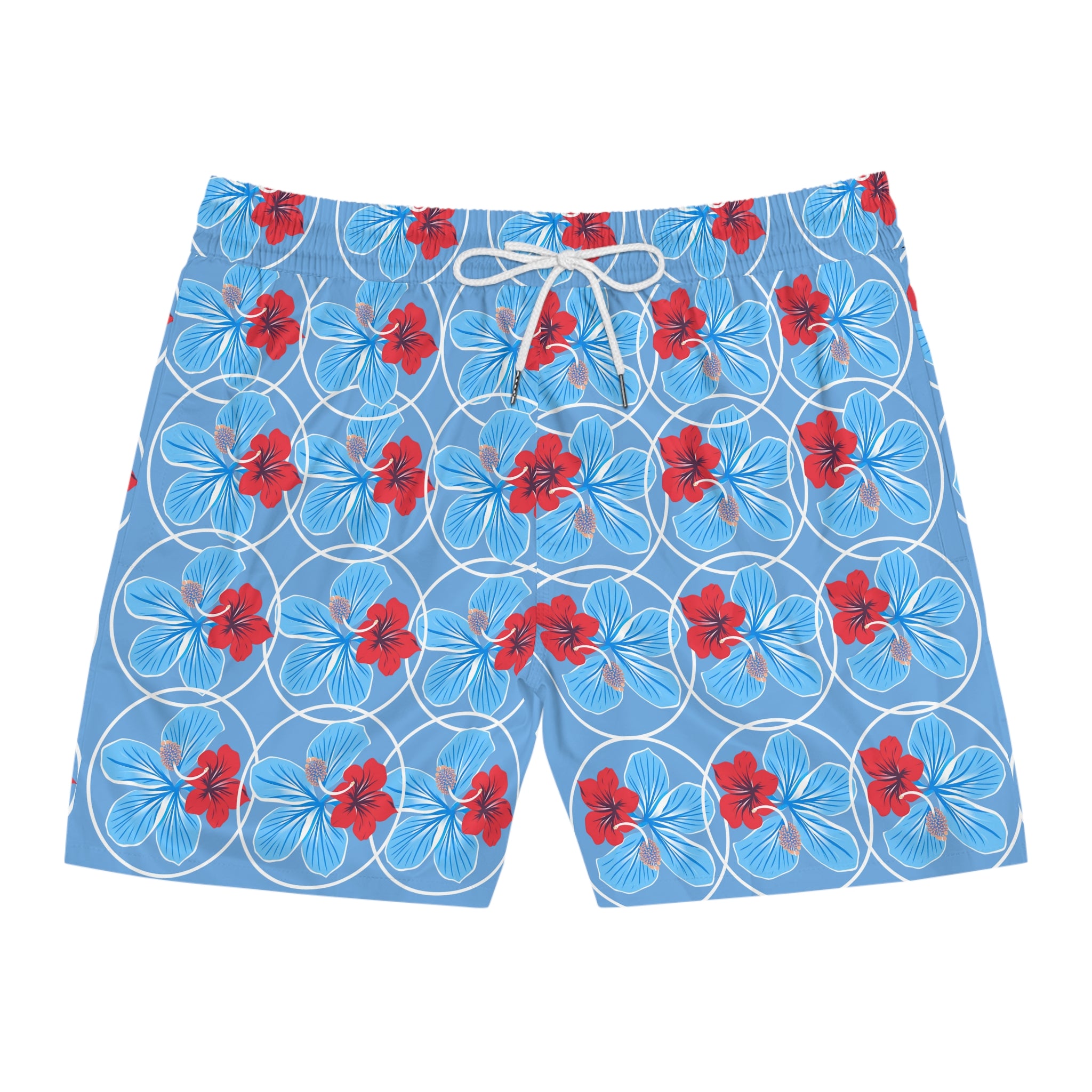 Men's Floral Swim Shorts — Red & Blue Flower Print Mid-Length Trunks