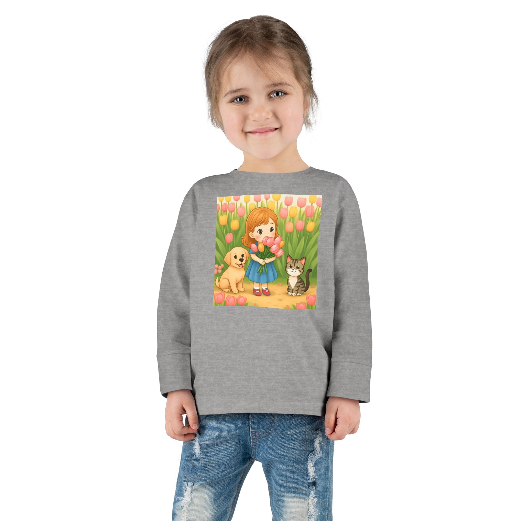 Toddler Long Sleeve Tee — Spring Cat and Dog Graphic
