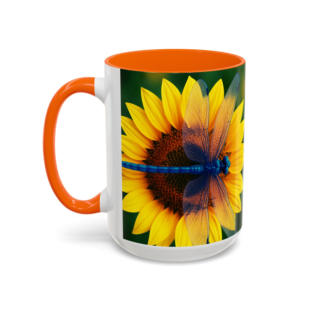 Sunflower & Dragonfly Accent Coffee Mug — Bright Floral Tea Cup (11/15oz)