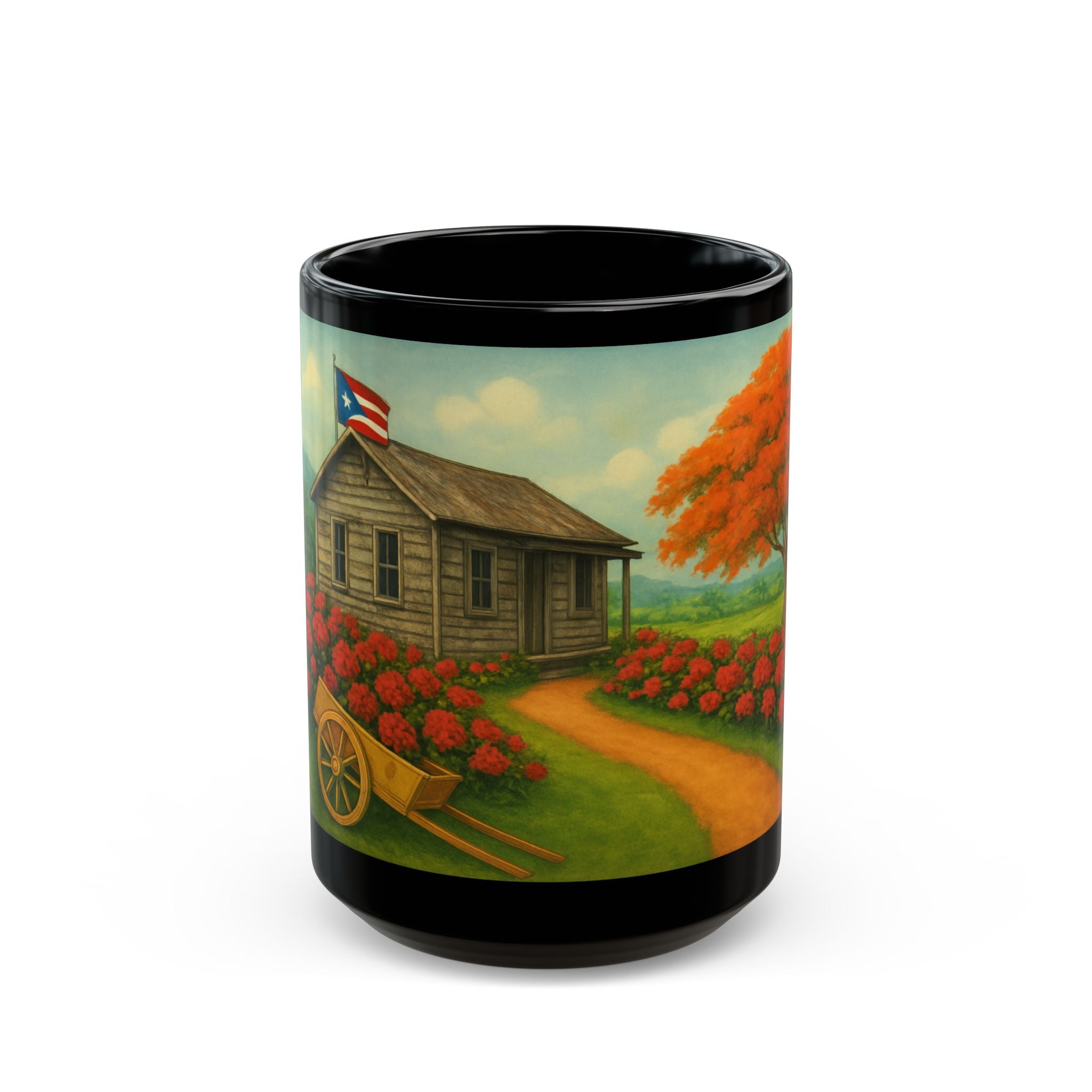 Puerto Rico Scenic Cabin Black Mug – Rustic Island Landscape Coffee Cup (11oz, 15oz)