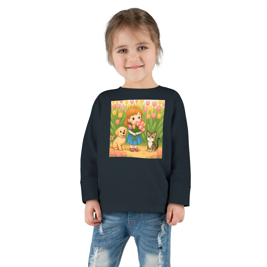 Toddler Long Sleeve Tee — Spring Cat and Dog Graphic