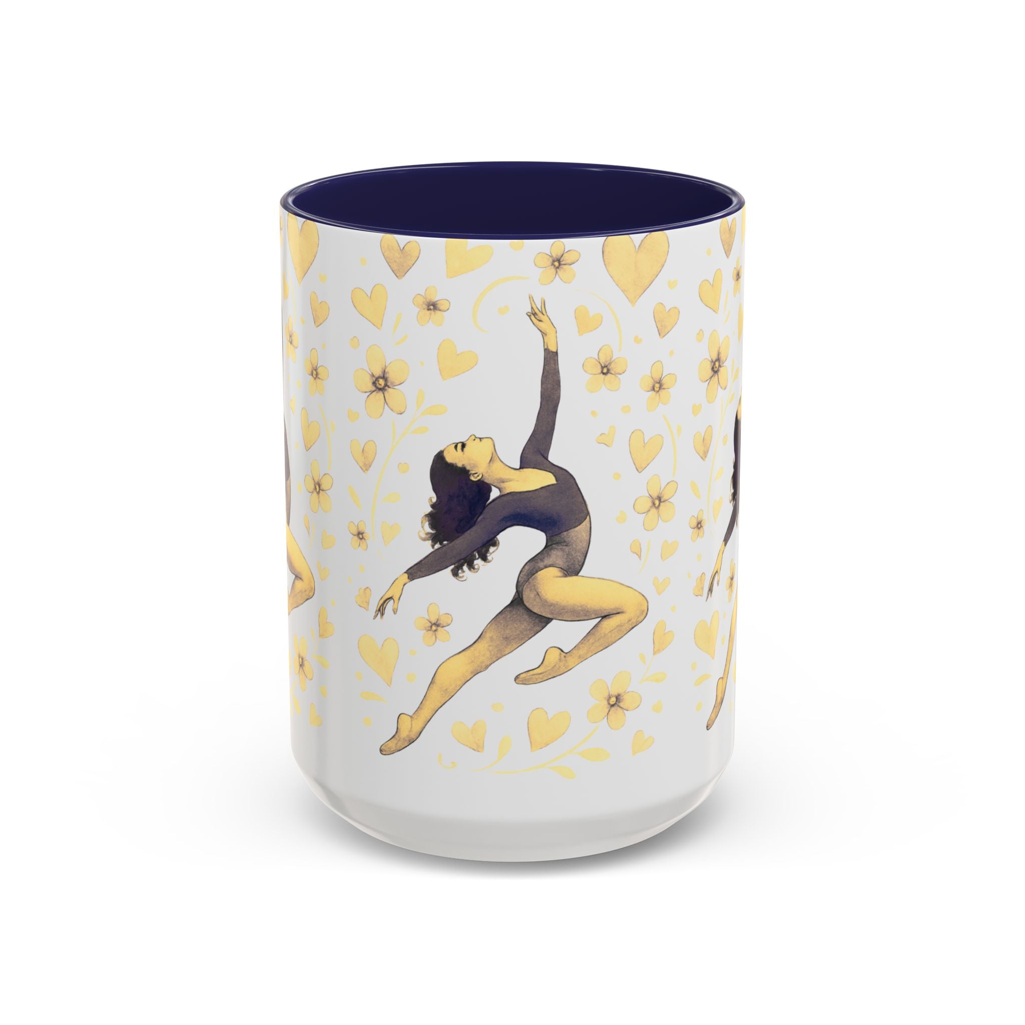 Ballet Dancer Accent Mug – Gold Hearts & Flowers Ceramic Coffee Cup (11/15oz)