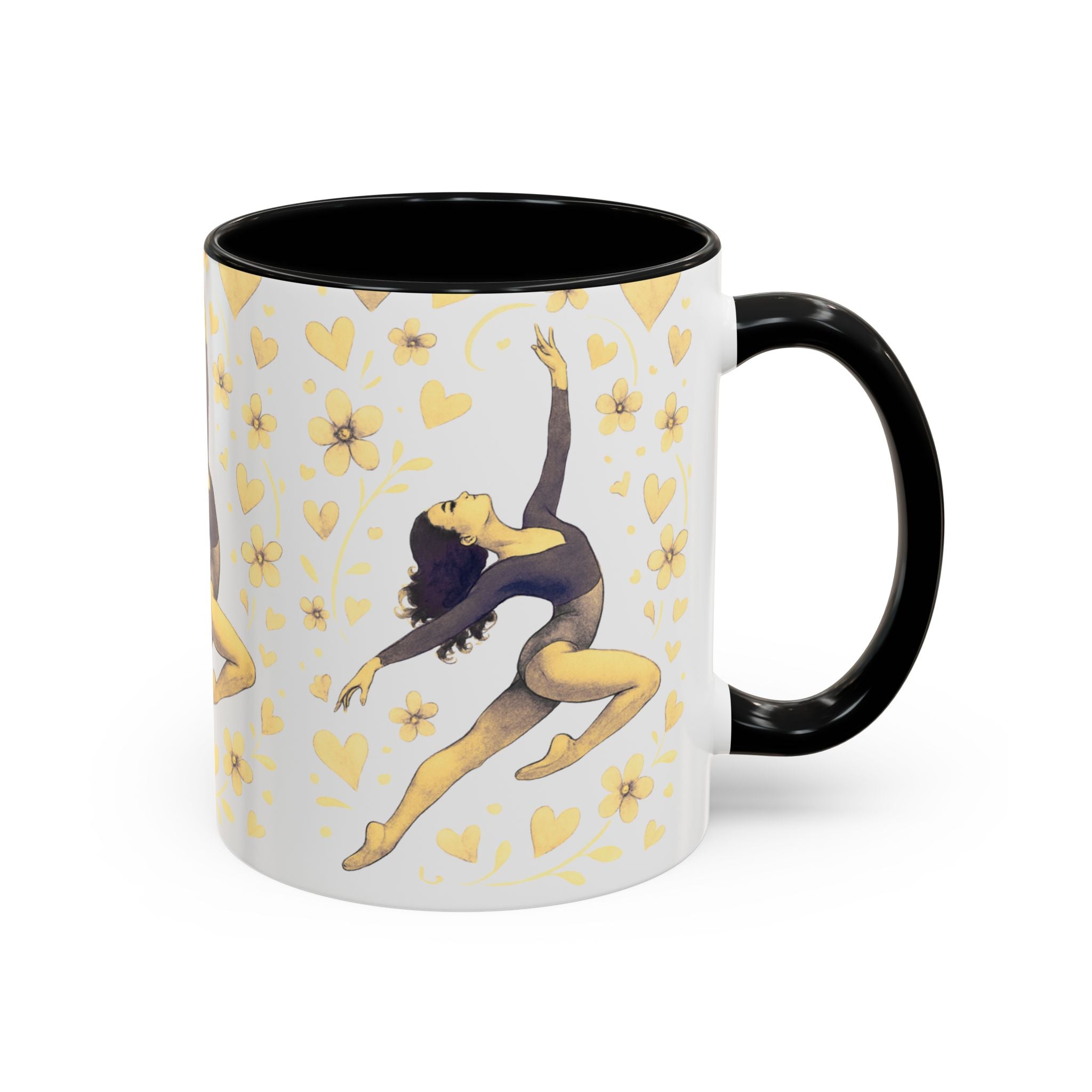 Ballet Dancer Accent Mug – Gold Hearts & Flowers Ceramic Coffee Cup (11/15oz)