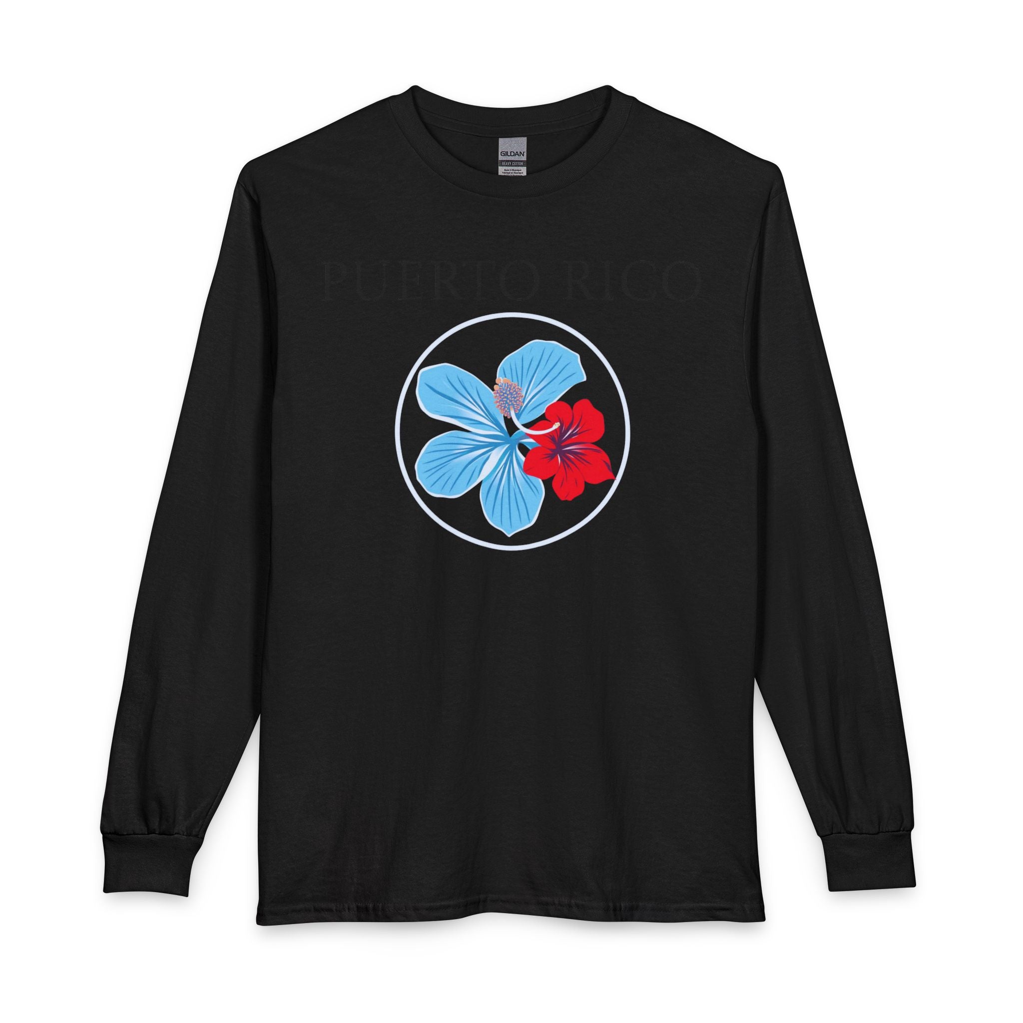 Red, White and "Azure" Blue Hibiscus Long Sleeve T-Shirt | Puerto Rico Love