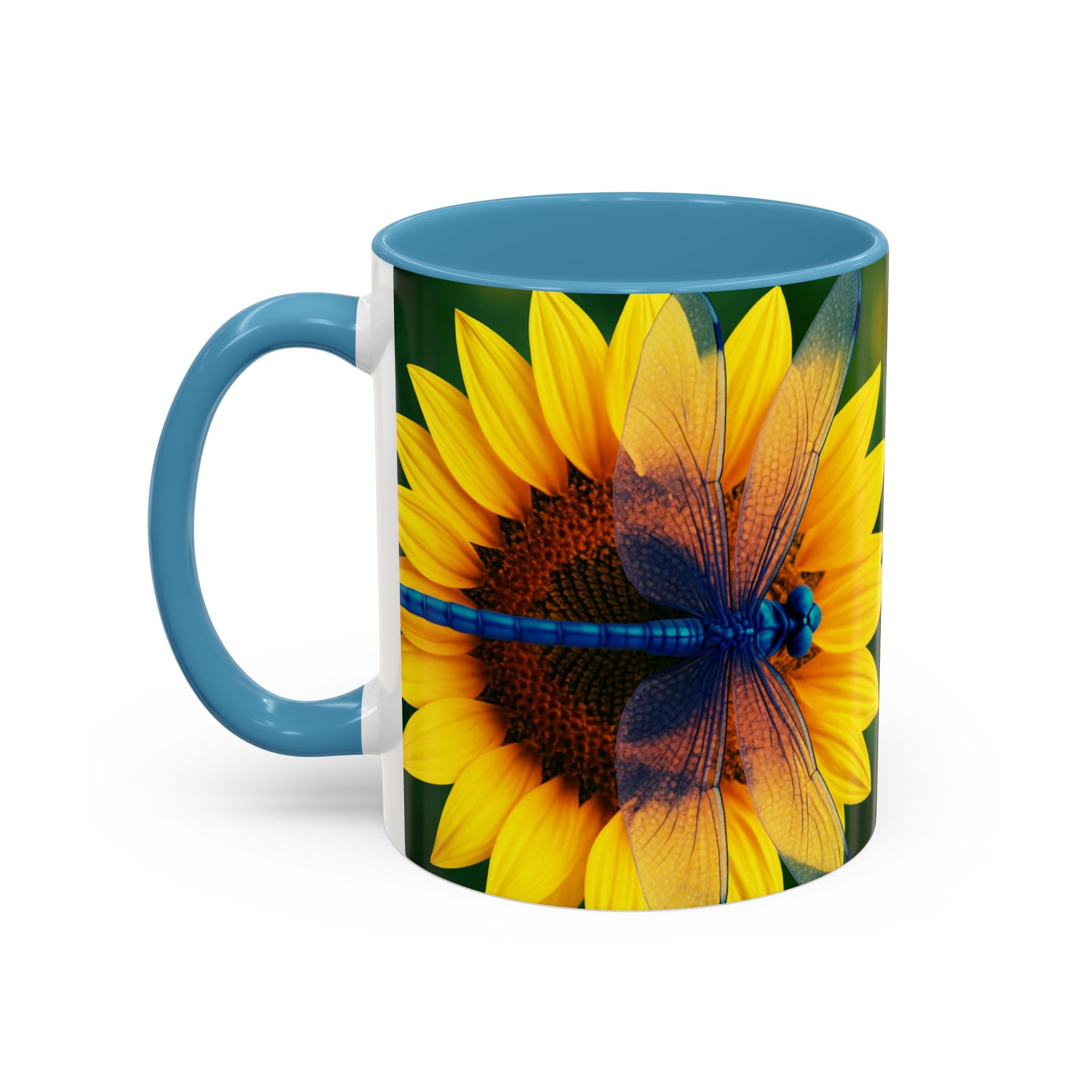 Sunflower & Dragonfly Accent Coffee Mug — Bright Floral Tea Cup (11/15oz)