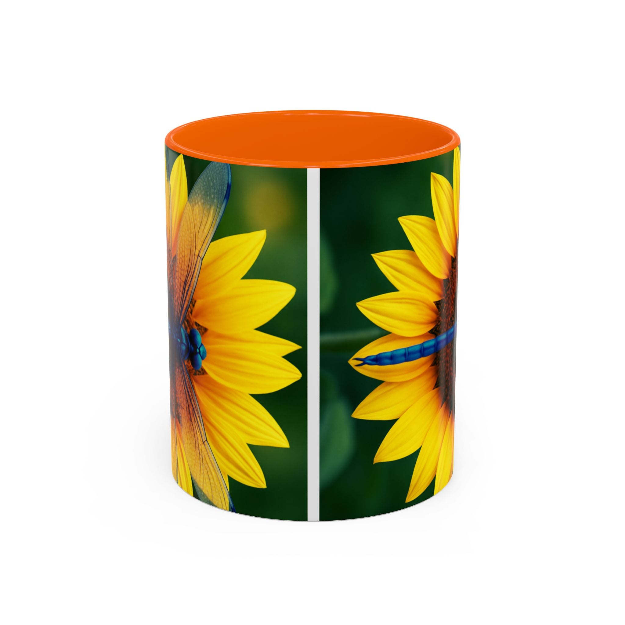 Sunflower & Dragonfly Accent Coffee Mug — Bright Floral Tea Cup (11/15oz)