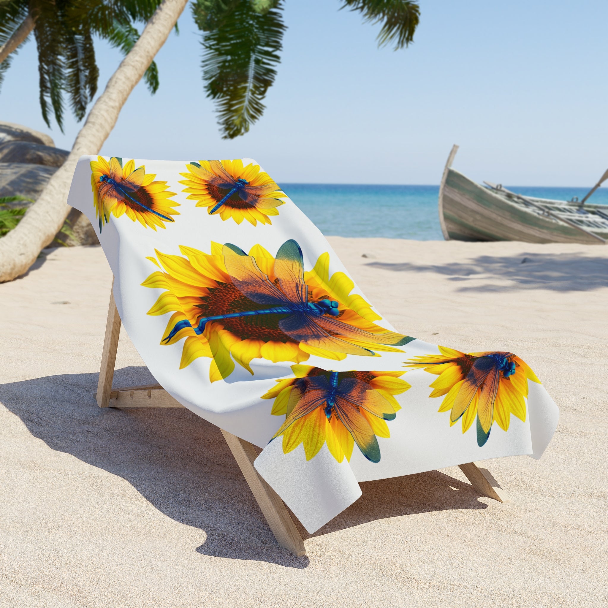 Sunflower & Dragonfly Beach Towel — Bright Tropical Summer Pool Towel