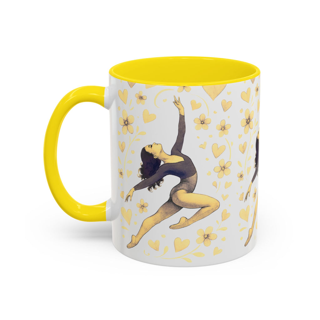 Ballet Dancer Accent Mug – Gold Hearts & Flowers Ceramic Coffee Cup (11/15oz)