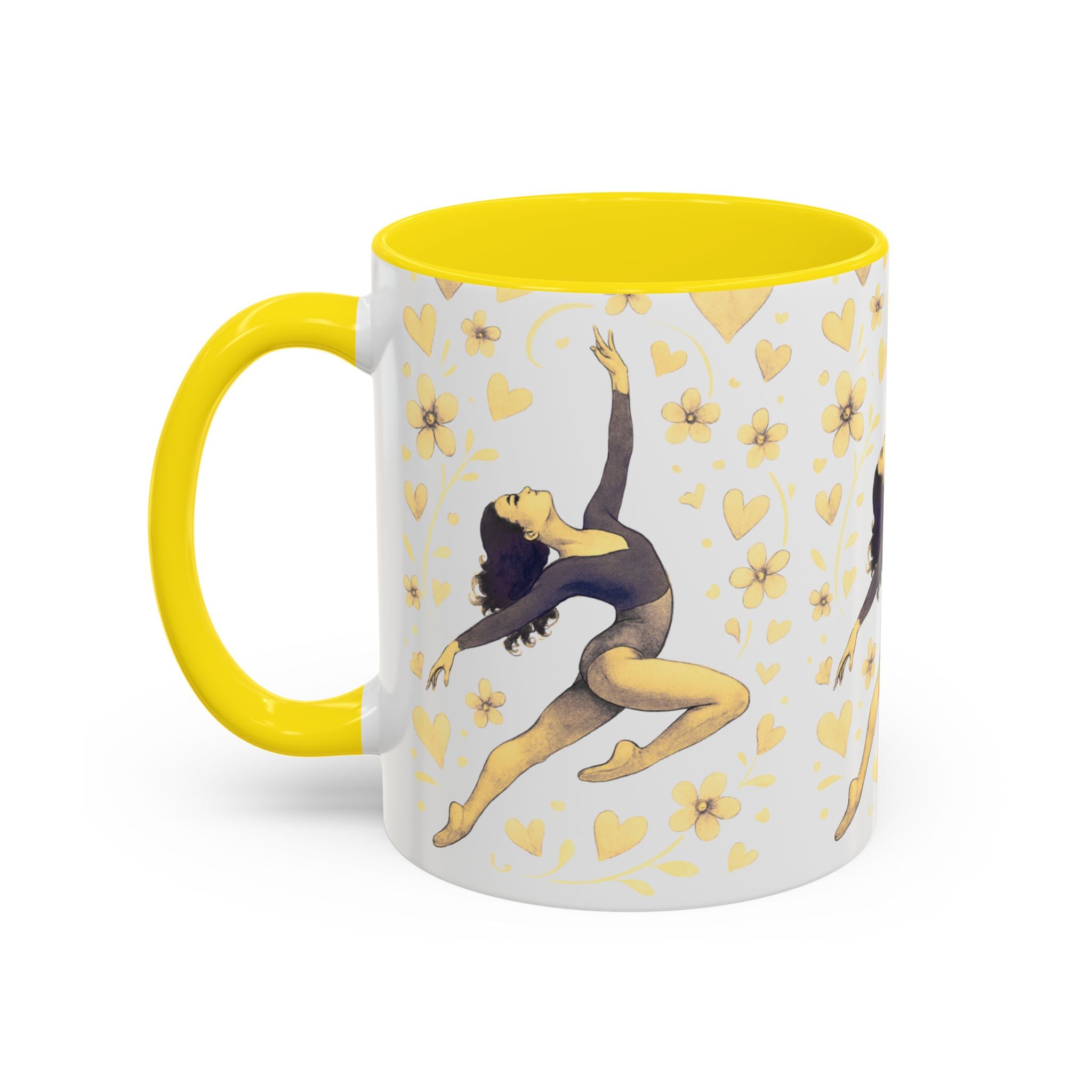 Ballet Dancer Accent Mug – Gold Hearts & Flowers Ceramic Coffee Cup (11/15oz)