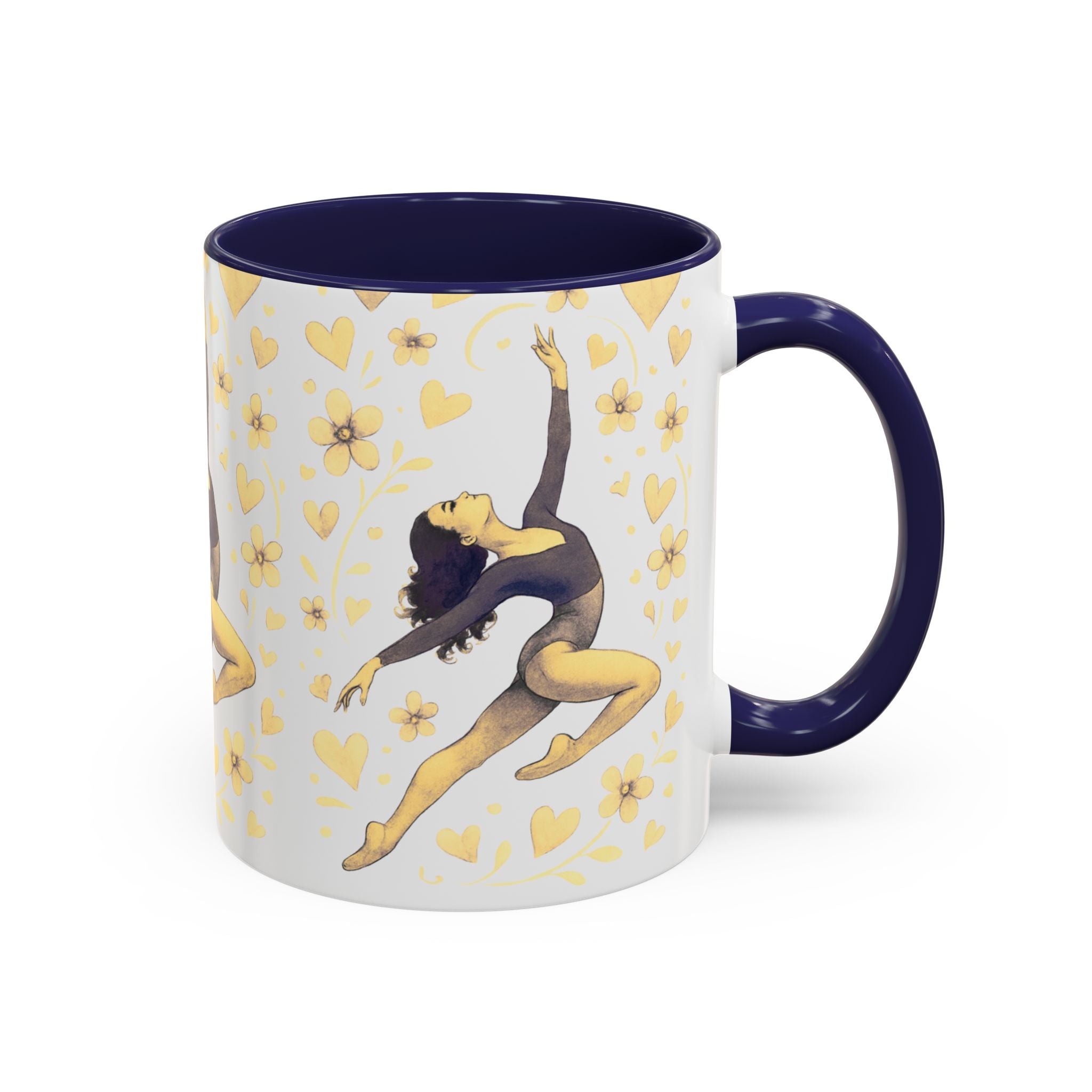 Ballet Dancer Accent Mug – Gold Hearts & Flowers Ceramic Coffee Cup (11/15oz)