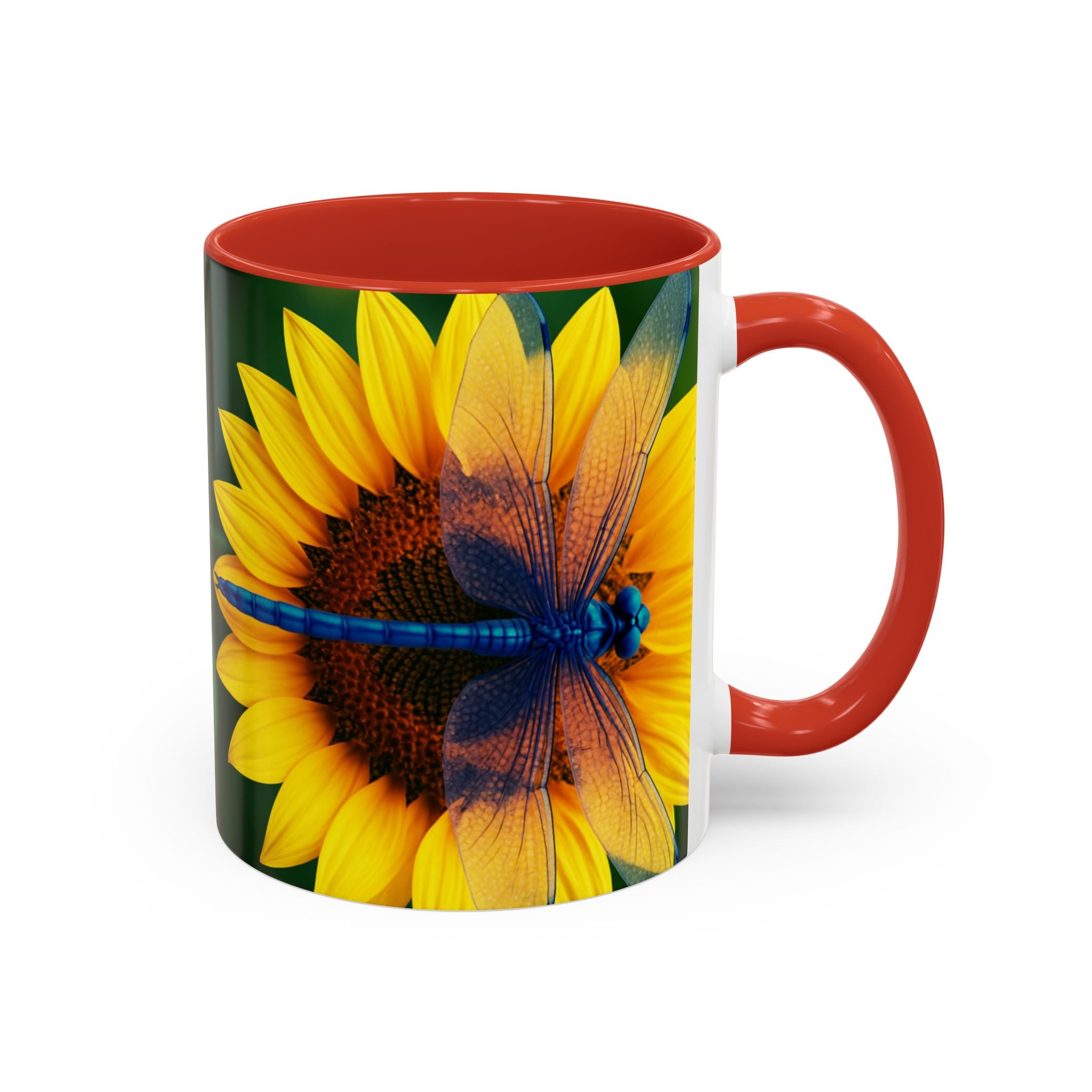 Sunflower & Dragonfly Accent Coffee Mug — Bright Floral Tea Cup (11/15oz)