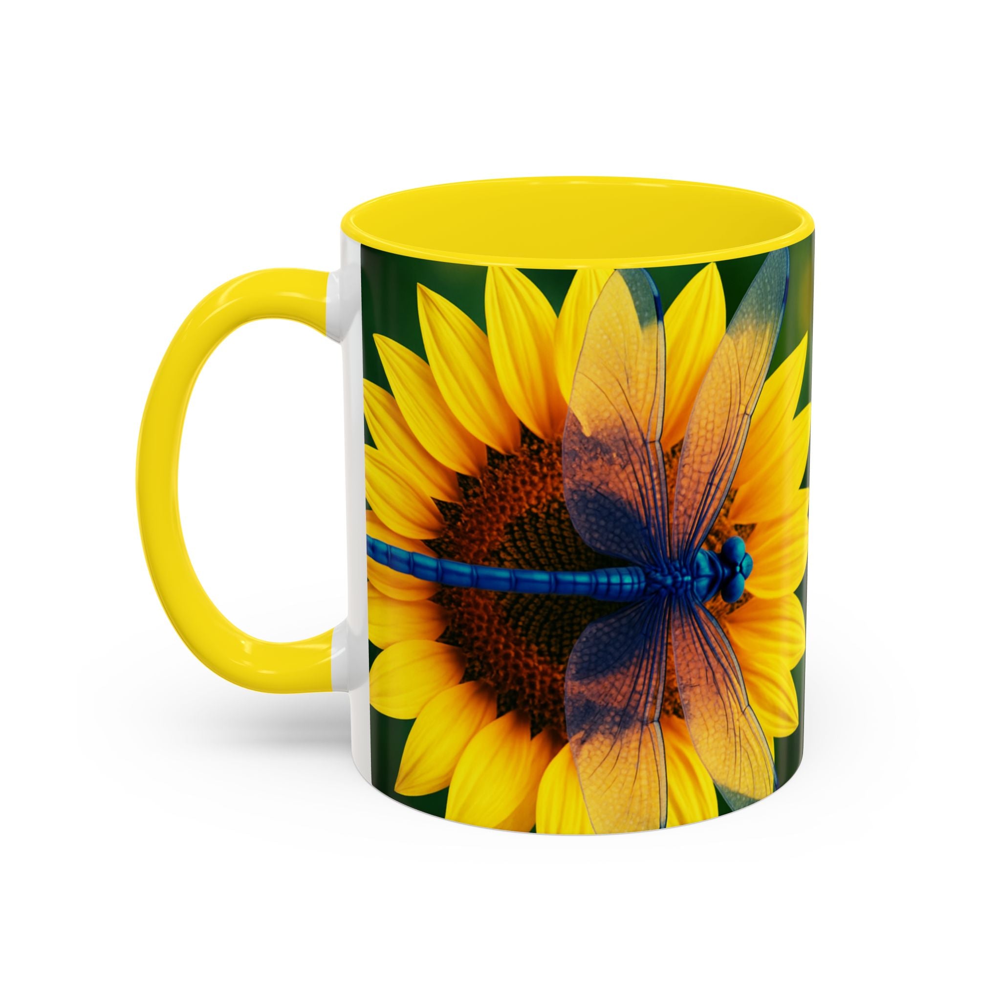 Sunflower & Dragonfly Accent Coffee Mug — Bright Floral Tea Cup (11/15oz)