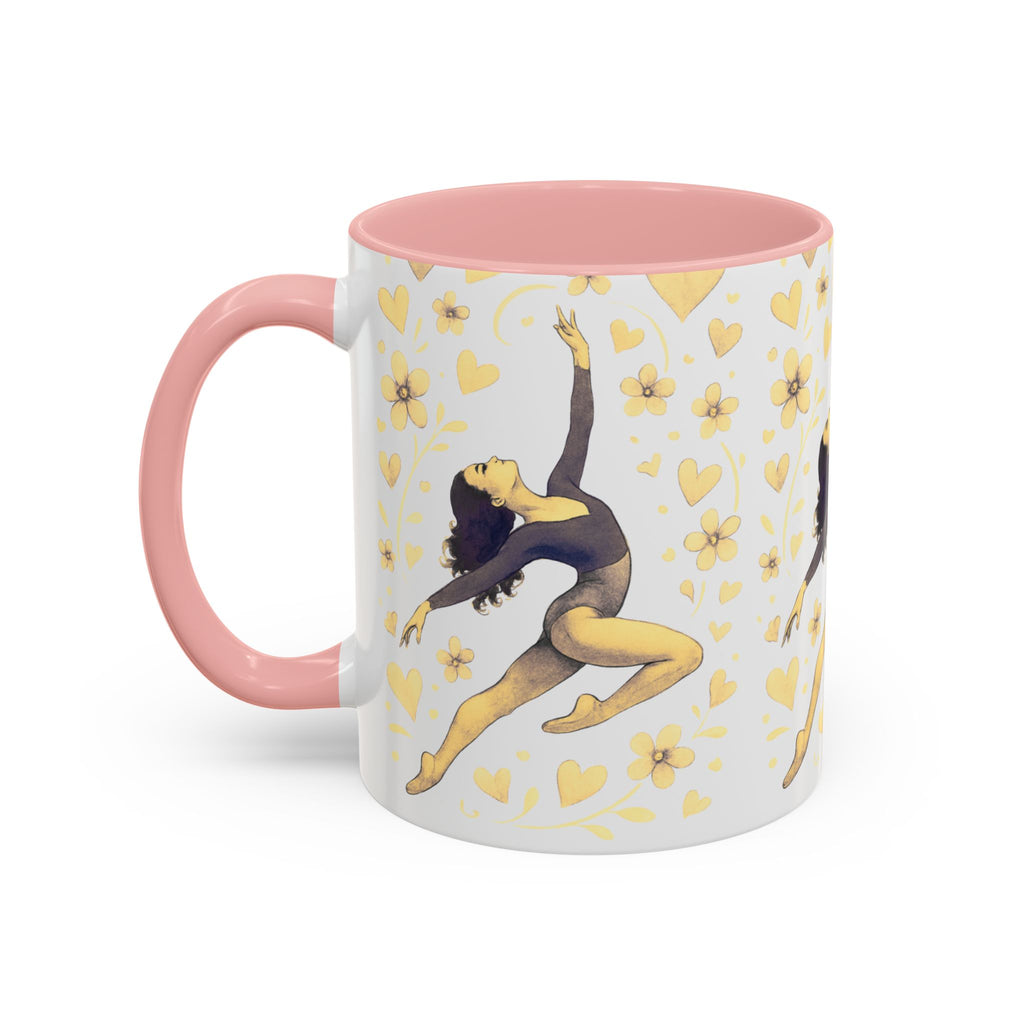Ballet Dancer Accent Mug – Gold Hearts & Flowers Ceramic Coffee Cup (11/15oz)