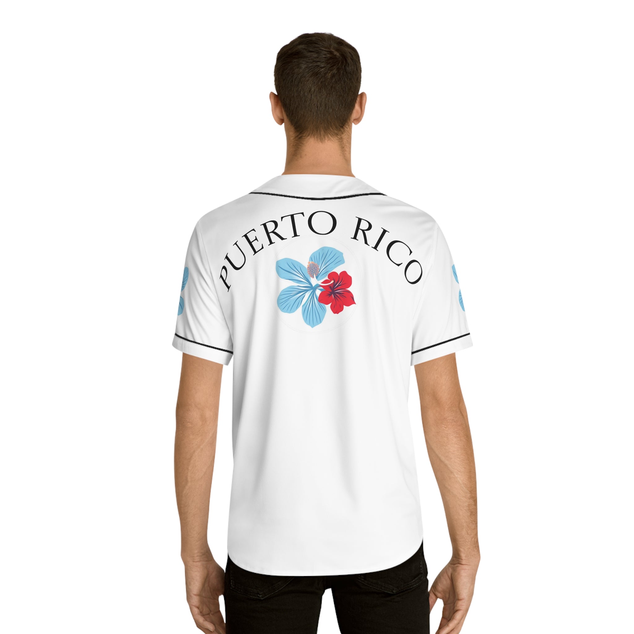 Puerto Rico Floral Baseball Jersey — "Azure" Blue and Red Tropical Hibiscus Jersey
