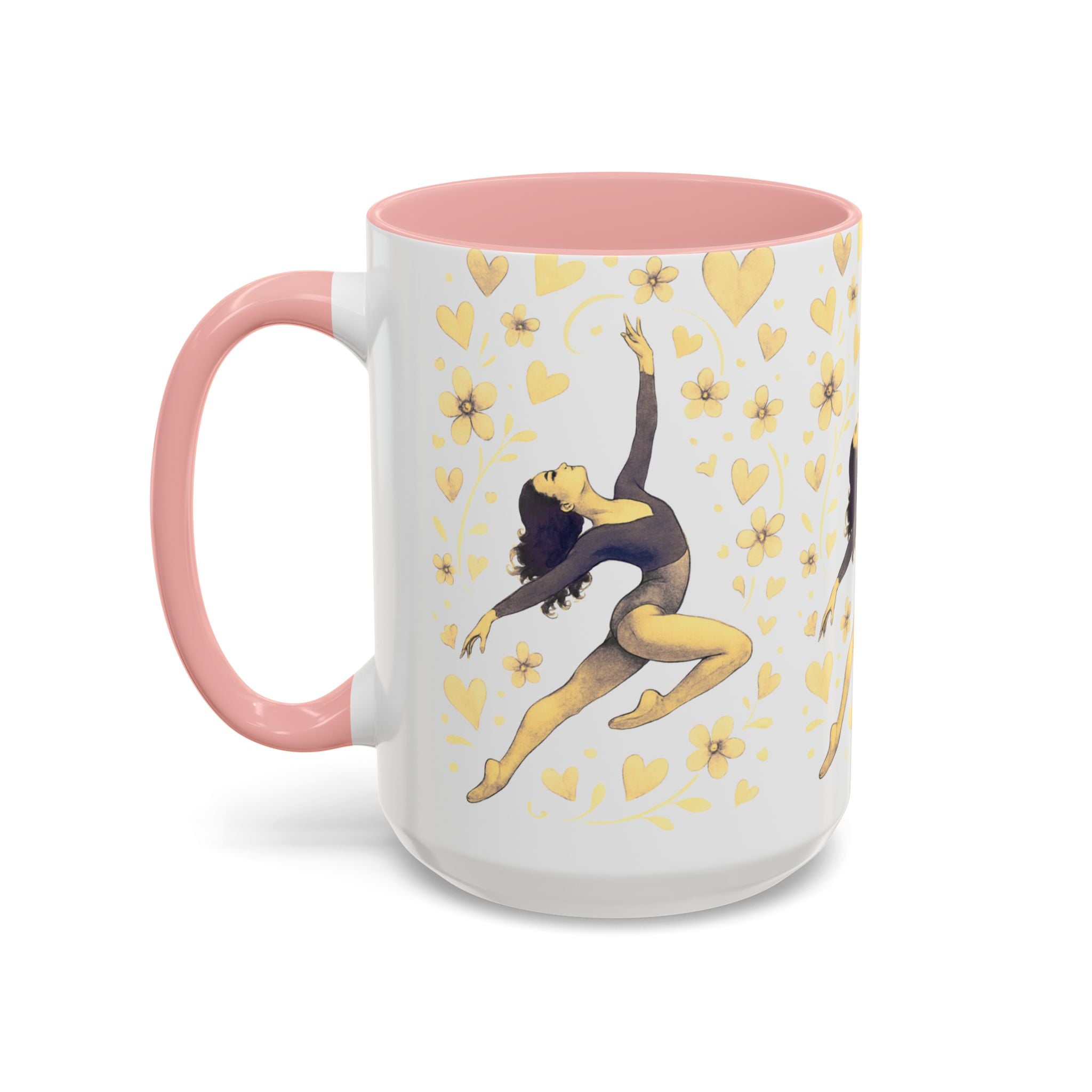 Ballet Dancer Accent Mug – Gold Hearts & Flowers Ceramic Coffee Cup (11/15oz)