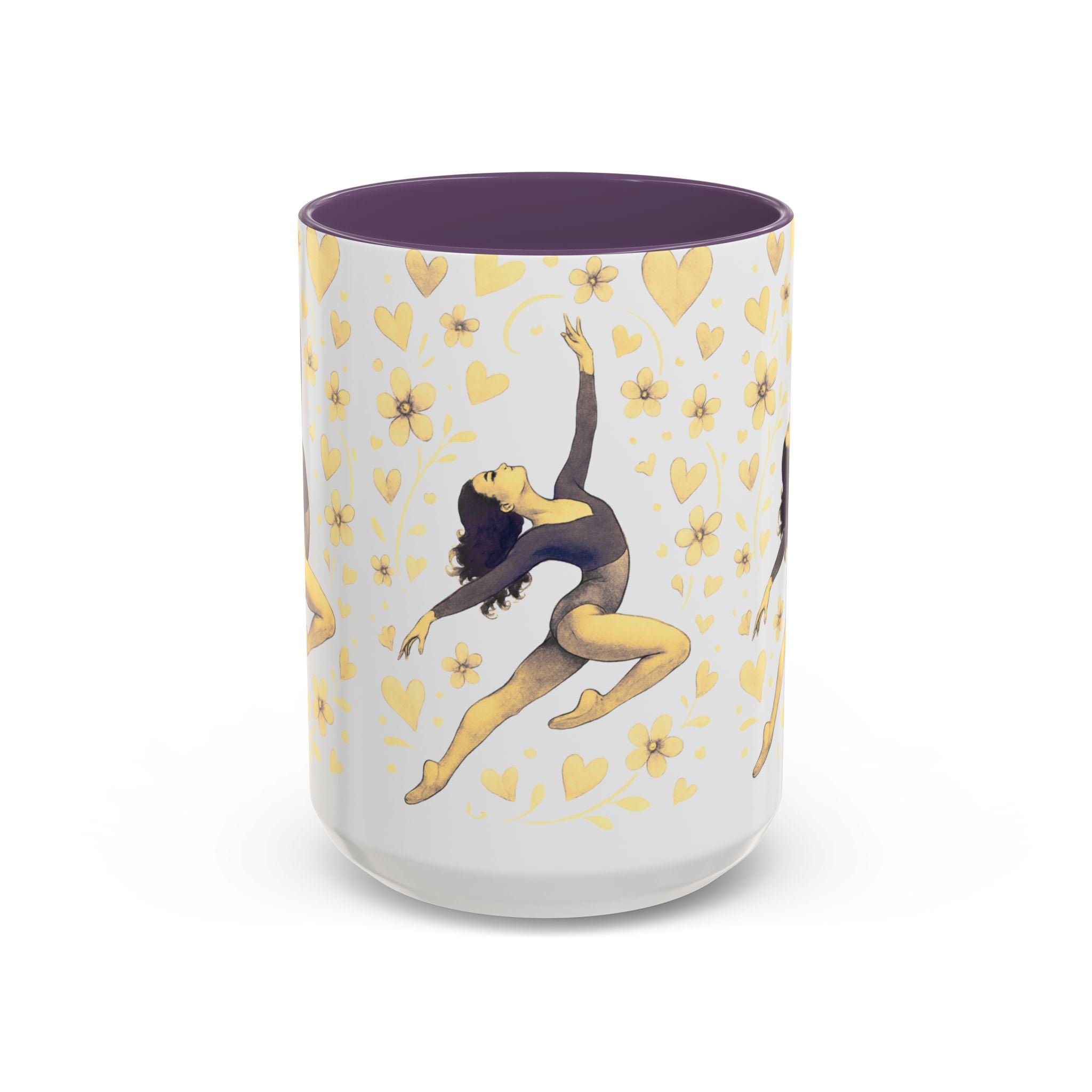Ballet Dancer Accent Mug – Gold Hearts & Flowers Ceramic Coffee Cup (11/15oz)