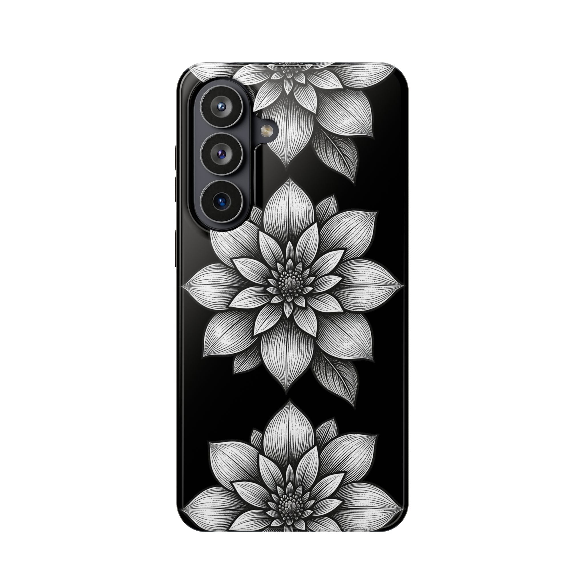 Magnetic Impact-Resistant Phone Case — Black & White Floral Dahlia Design S-26