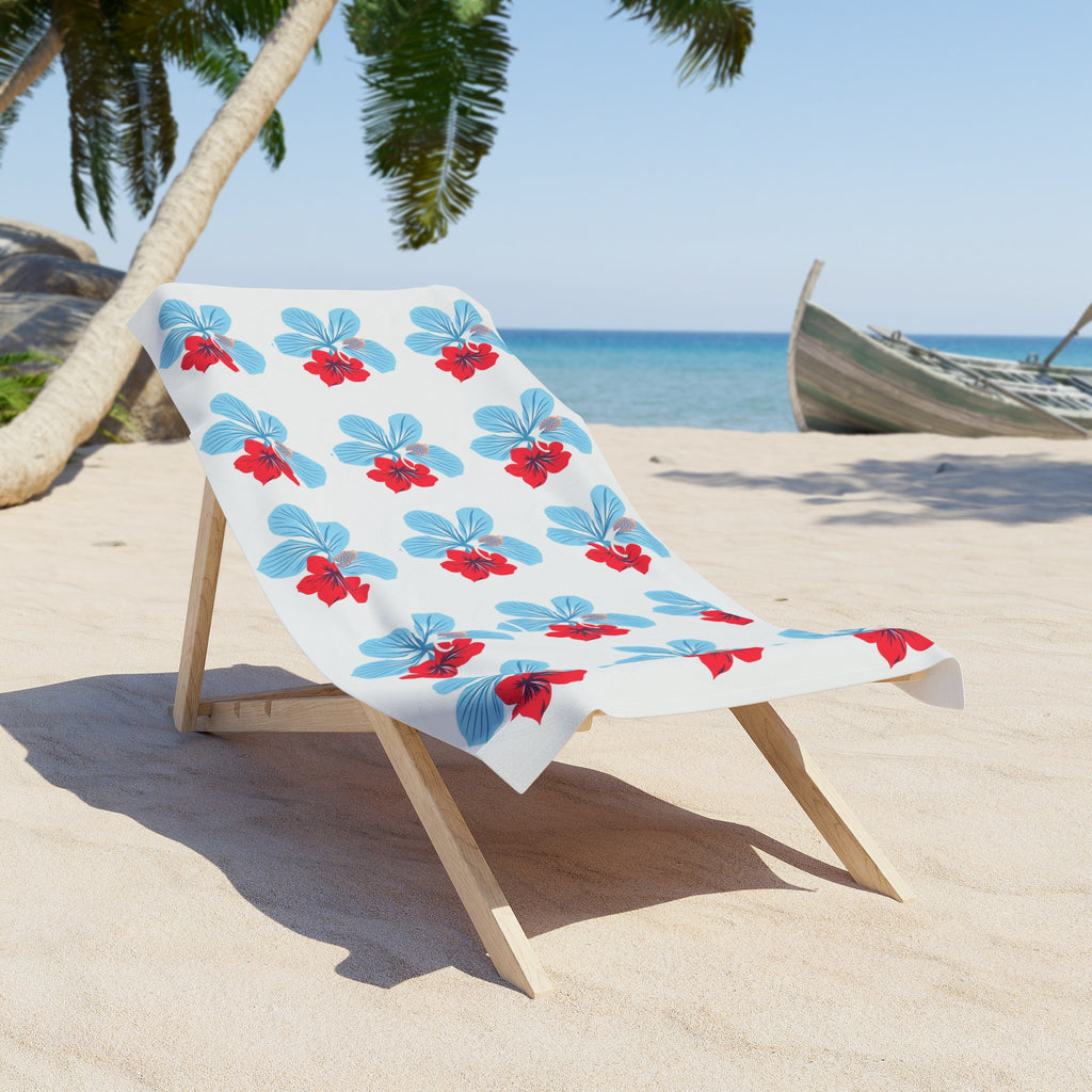 Beach Towel - "Azure" Blue & Red Hibiscus Pattern