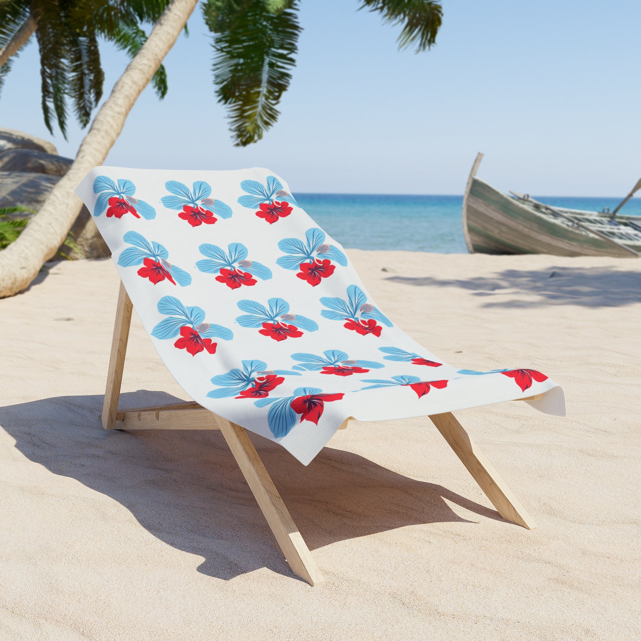 Beach Towel - "Azure" Blue & Red Hibiscus Pattern