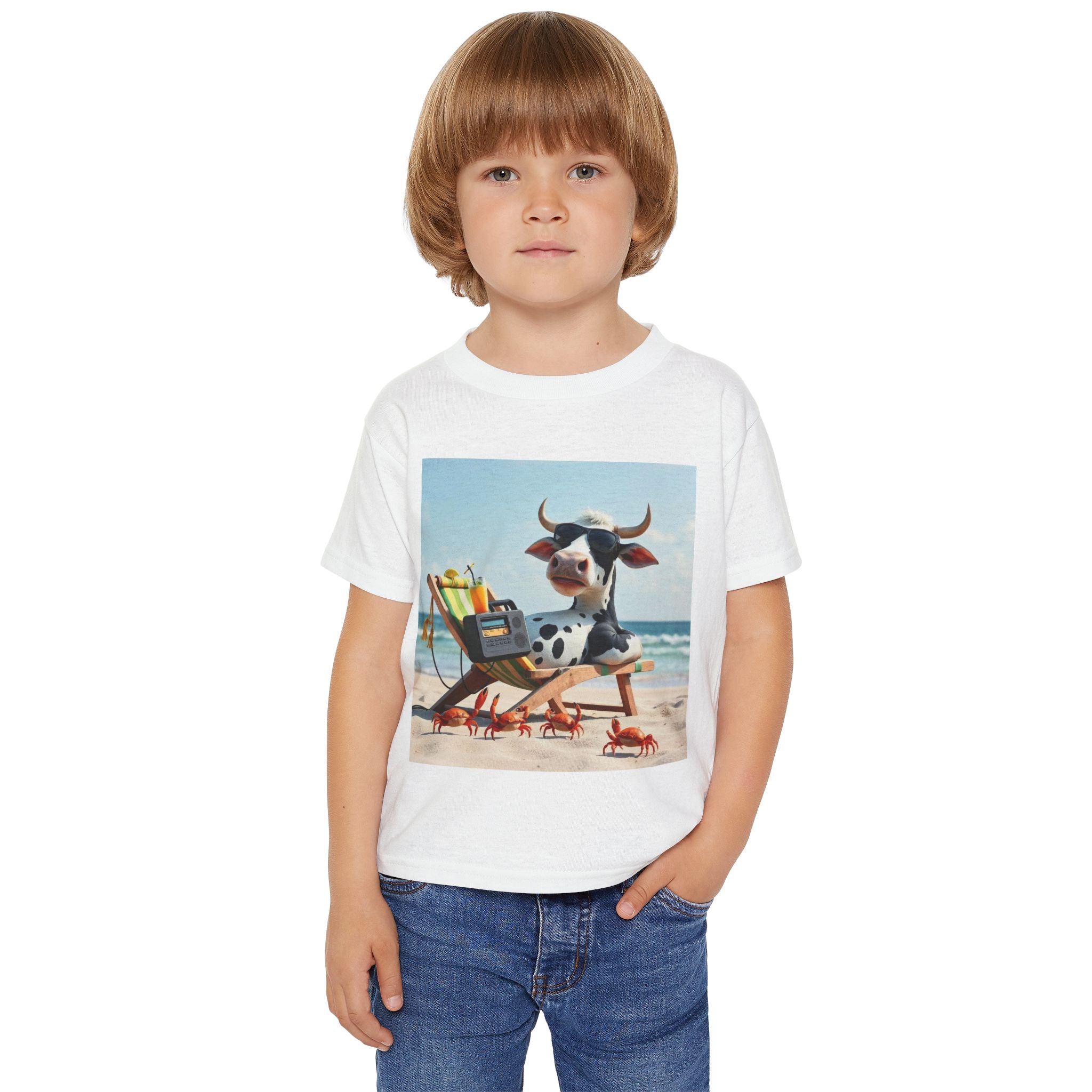 Beach Cow Toddler T‑Shirt — Cute Cow on Beach with Crabs Kids Tee