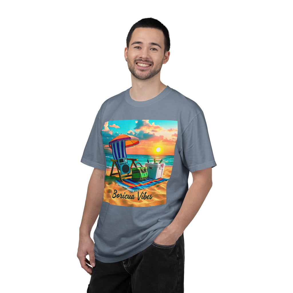 Boricua Vibes Beach T-Shirt — Puerto Rico Sunset Chair Graphic Tee