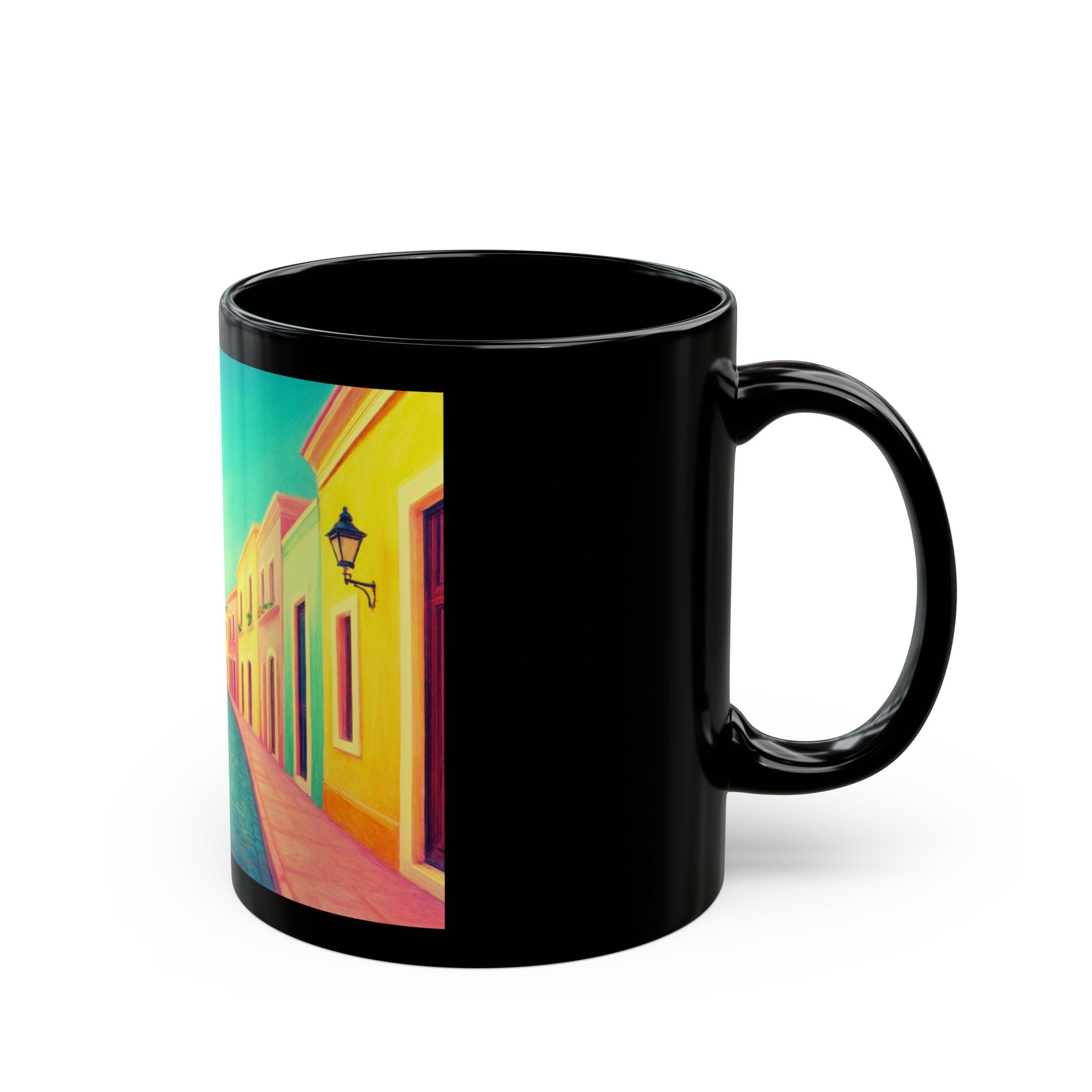 Caribbean Themed Black Ceramic Mug — Scenic Coffee Teacup (11oz, 15oz)