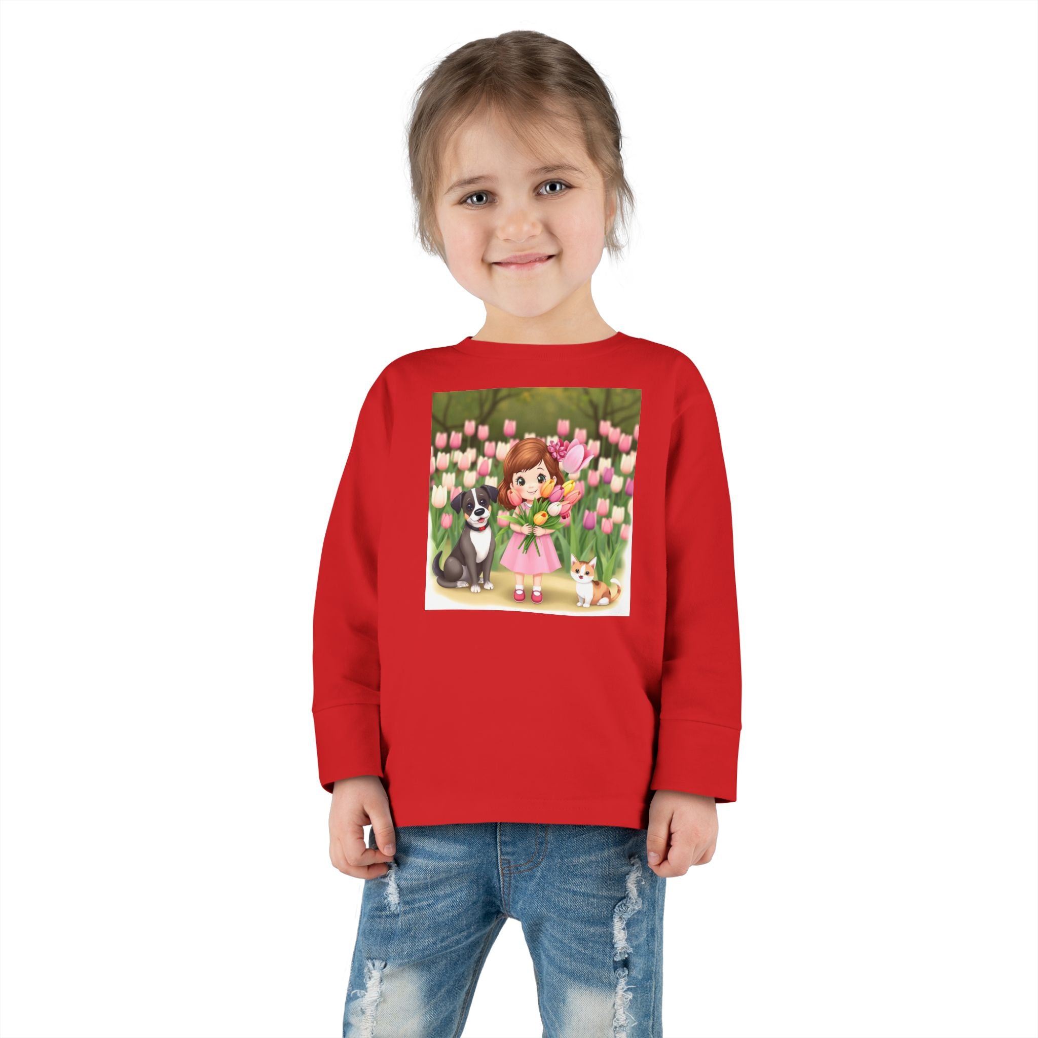 Toddler Long Sleeve Tee — Spring Cat and Dog T- Shirt