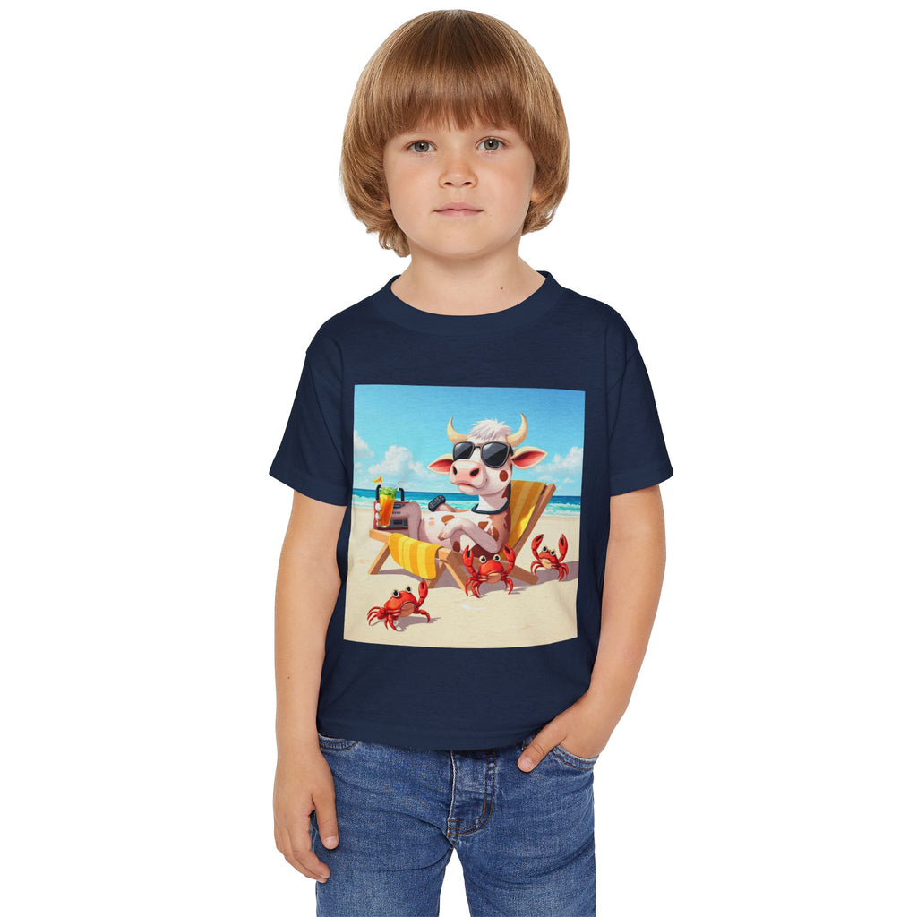 Toddler T-Shirt — Beach Cow in Sunglasses Graphic (Summer Vacation, Kid Tee)