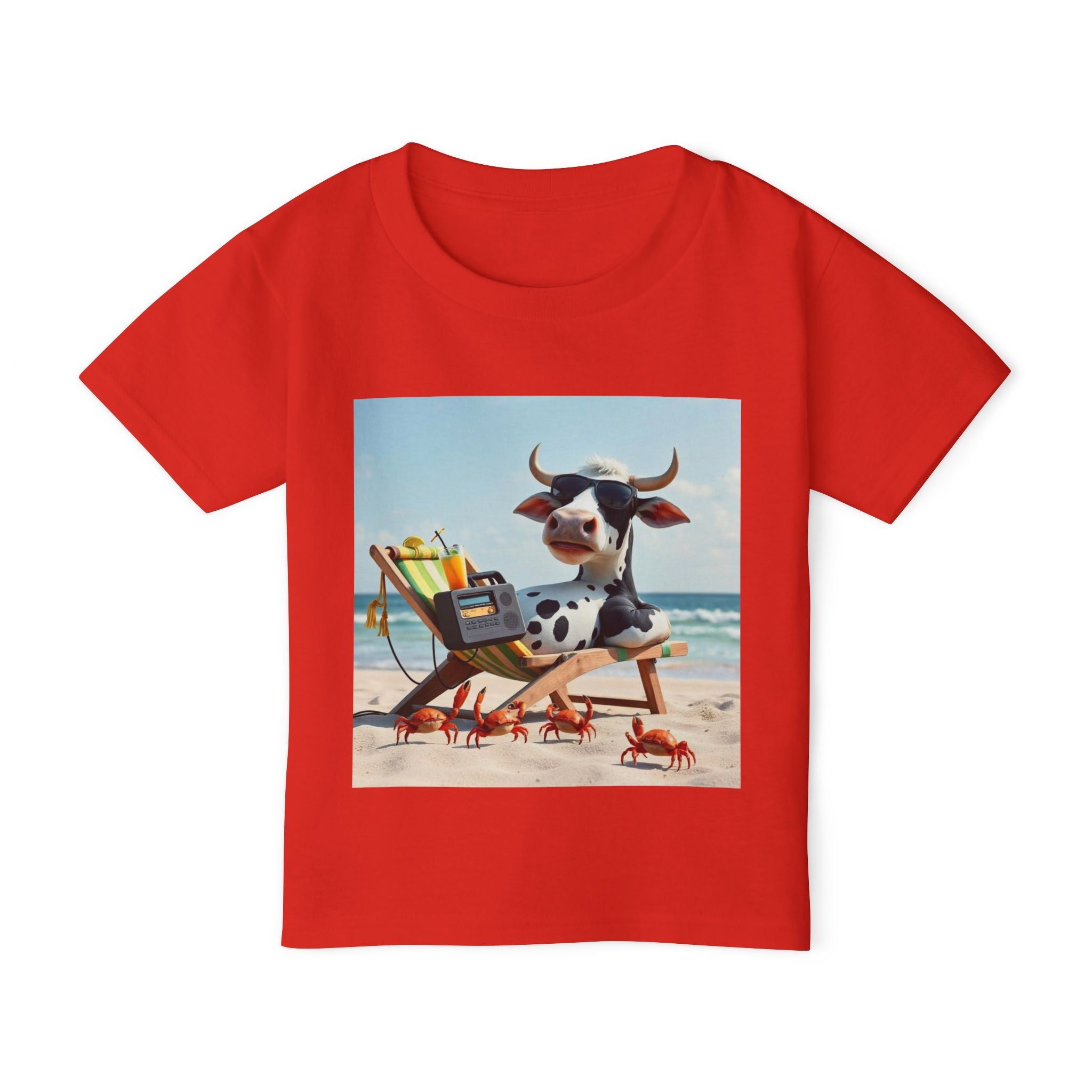 Beach Cow Toddler T‑Shirt — Cute Cow on Beach with Crabs Kids Tee