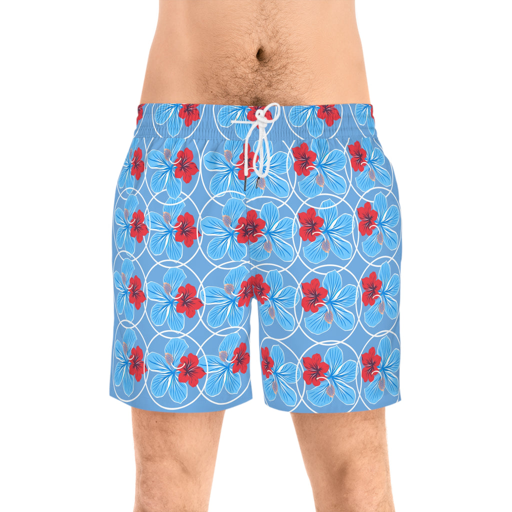 Men's Floral Swim Shorts — Red & Blue Flower Print Mid-Length Trunks