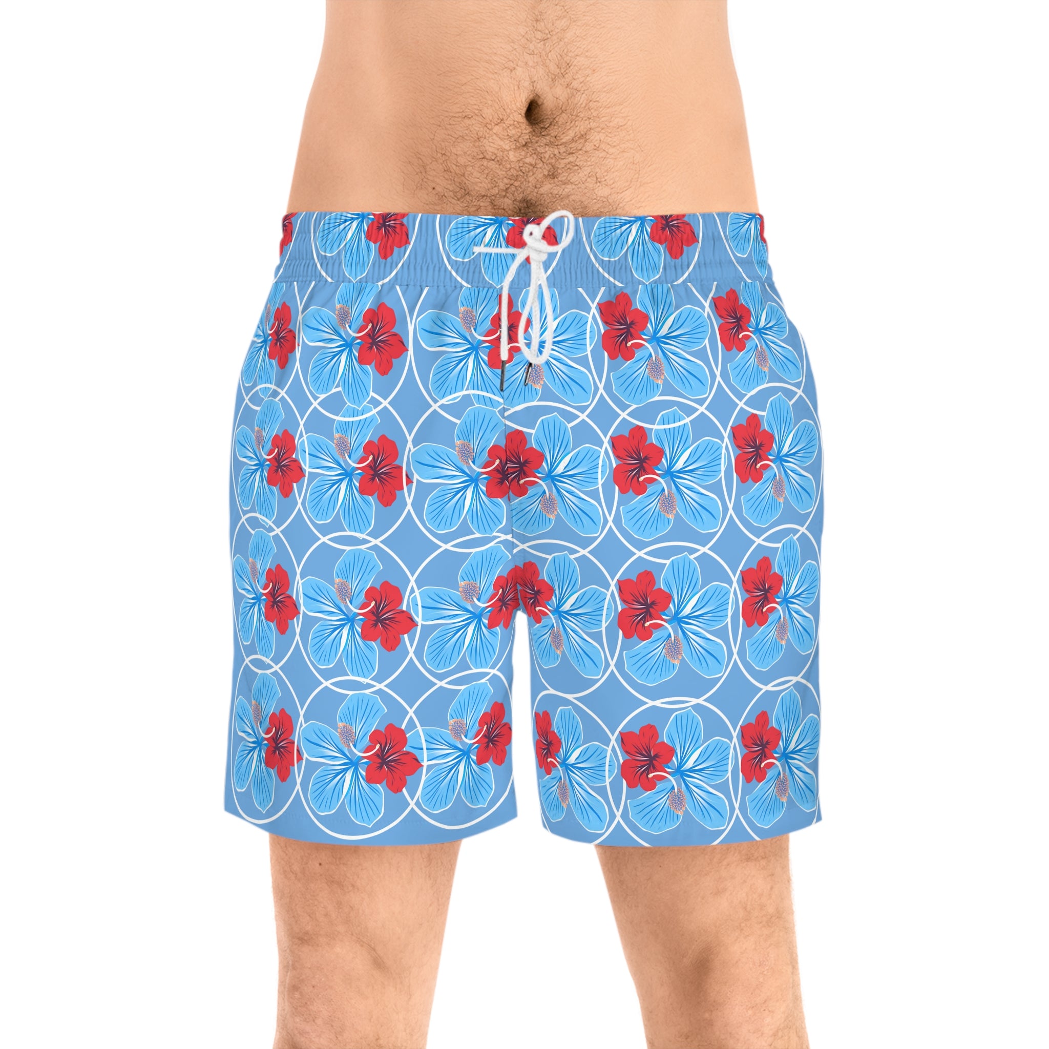 Men's Floral Swim Shorts — Red & Blue Flower Print Mid-Length Trunks