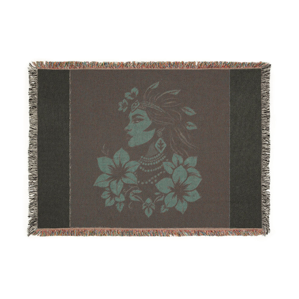 Tropical Floral Woman Woven Blanket | Floral Portrait Throw