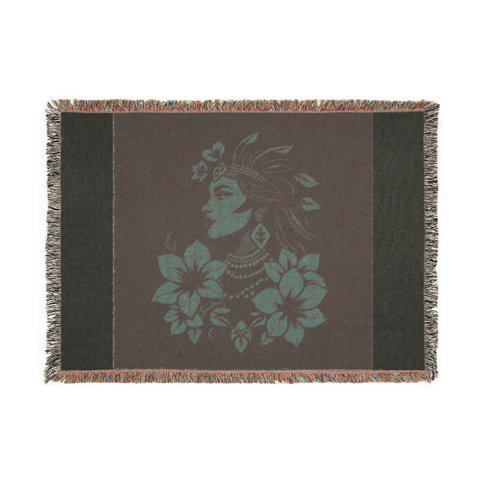 Tropical Floral Woman Woven Blanket | Floral Portrait Throw