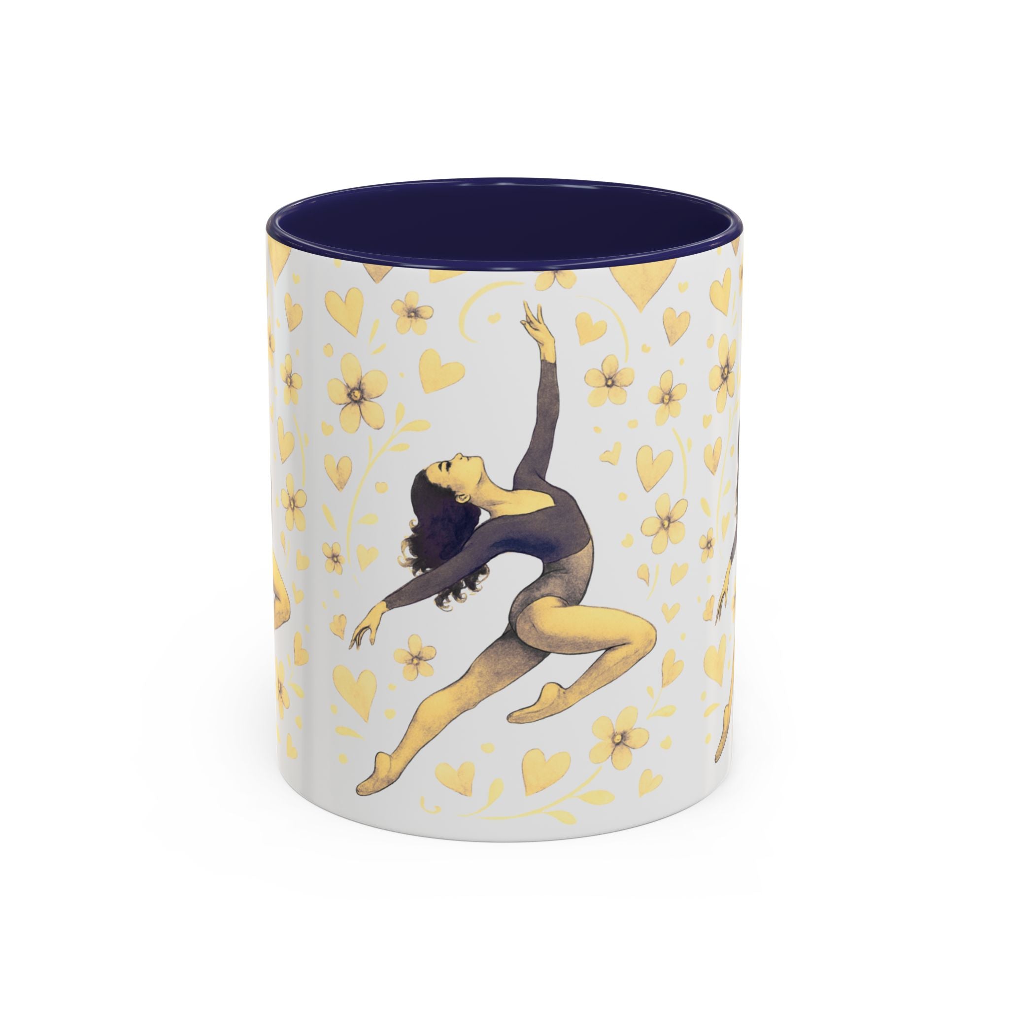 Ballet Dancer Accent Mug – Gold Hearts & Flowers Ceramic Coffee Cup (11/15oz)