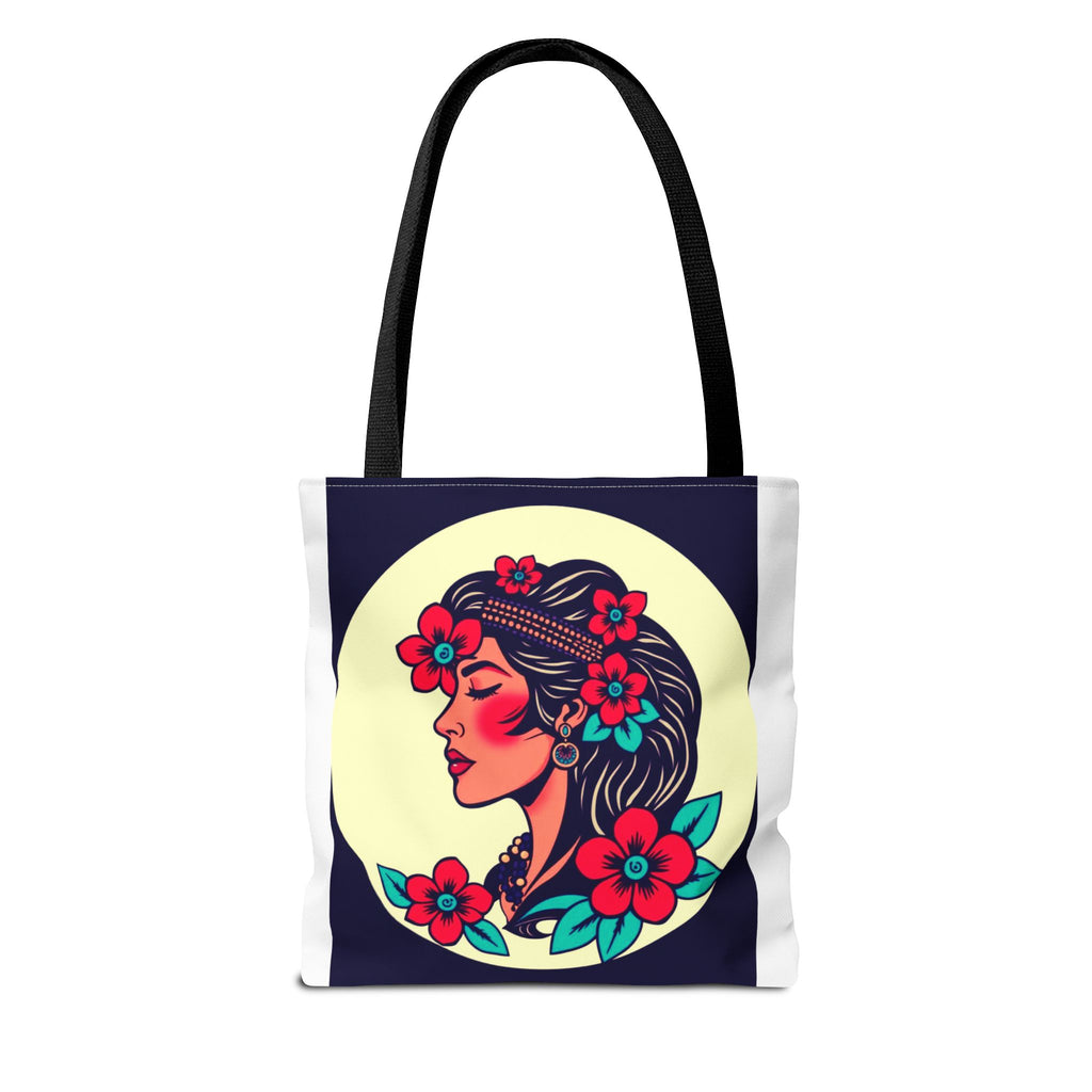 Floral Boho Woman Tote Bag — Retro Floral Portrait All-Over Print Tote