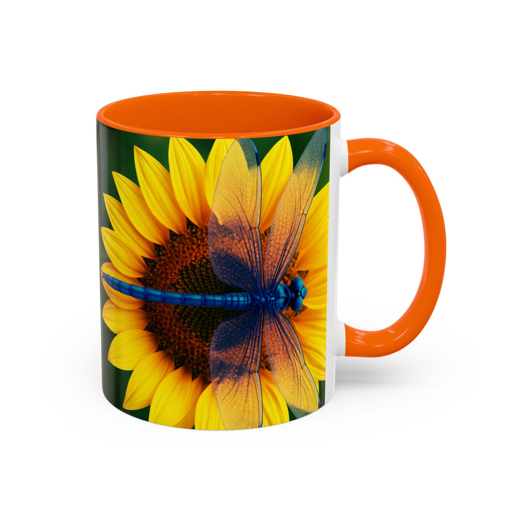 Sunflower & Dragonfly Accent Coffee Mug — Bright Floral Tea Cup (11/15oz)