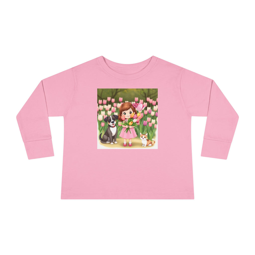 Toddler Long Sleeve Tee — Spring Cat and Dog T- Shirt
