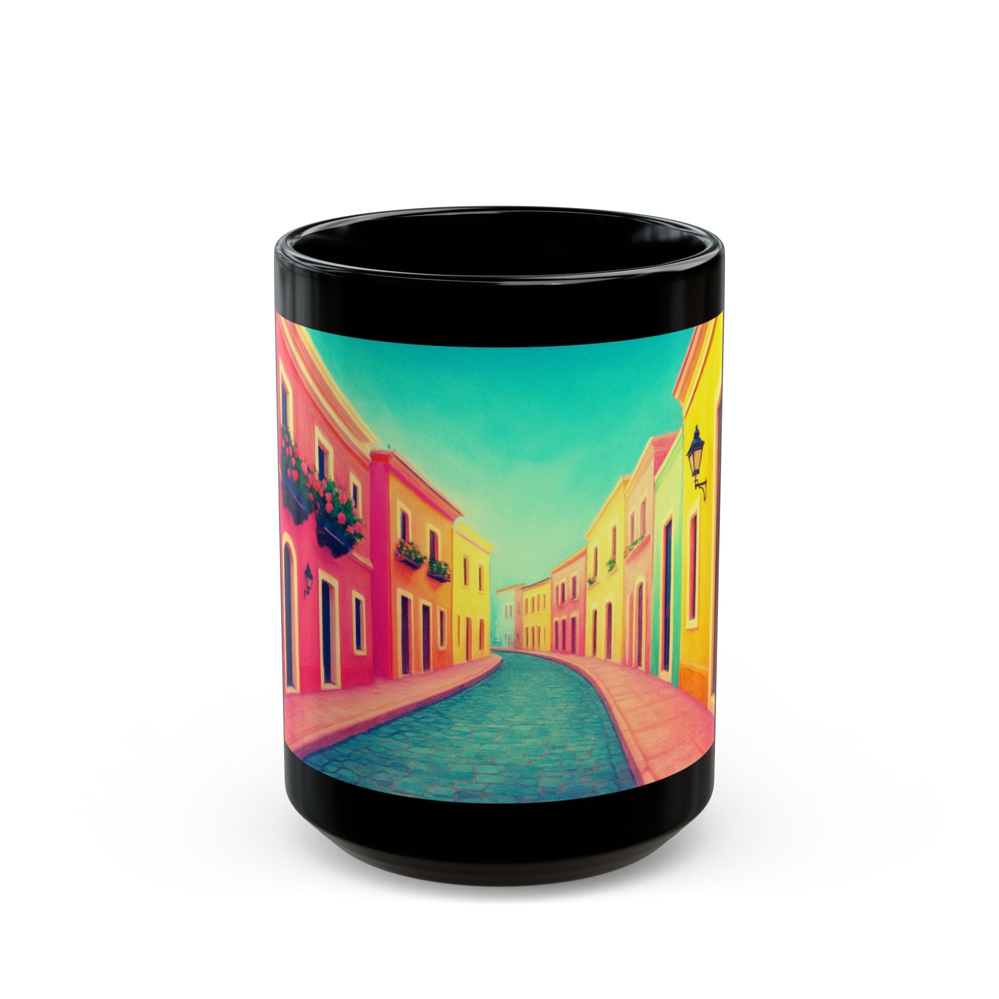 Caribbean Themed Black Ceramic Mug — Scenic Coffee Teacup (11oz, 15oz)